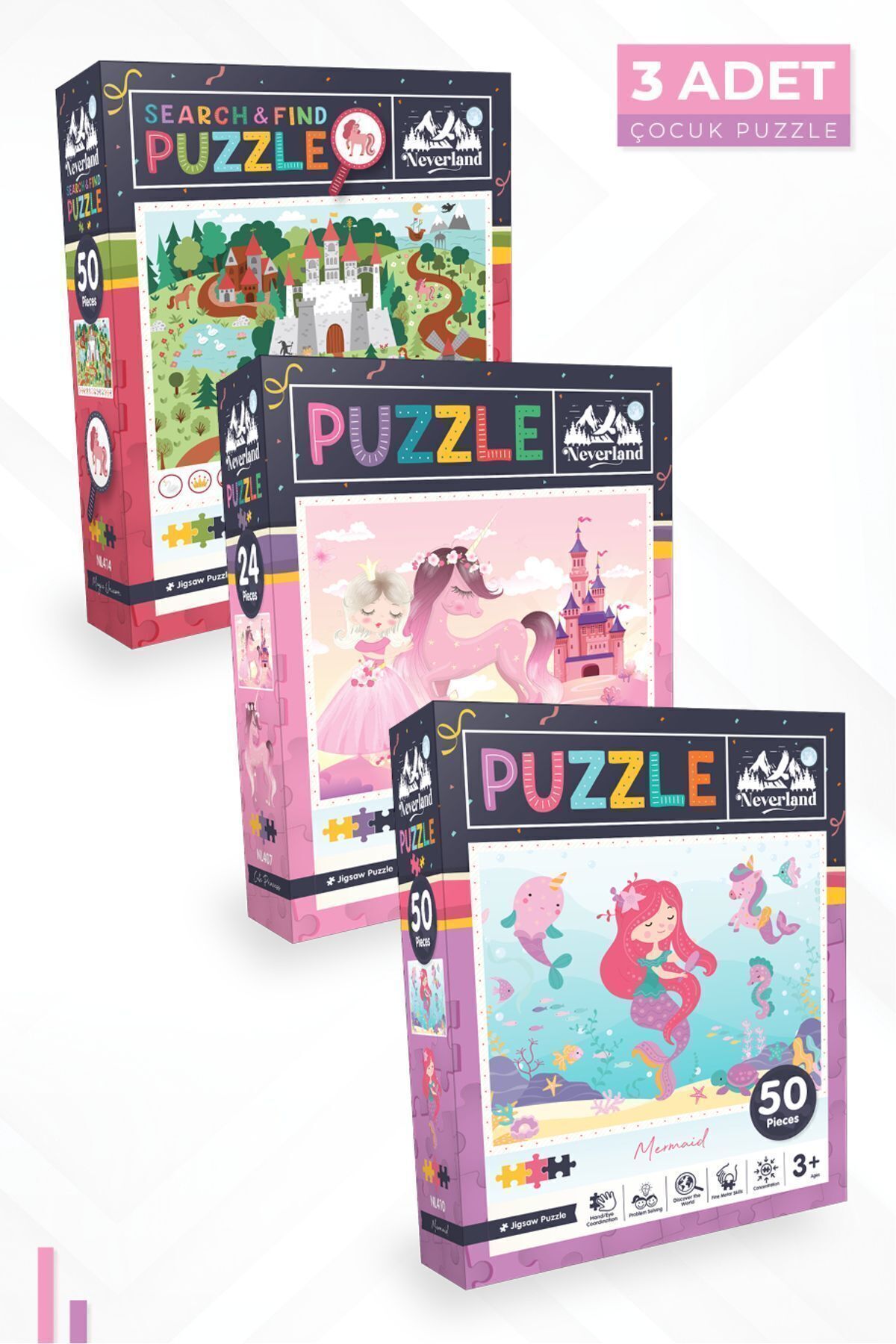 3'lü Çocuk Puzzle - 24 P. Sevimli Prenses Ve 50 P.deniz Kızı Ve 50 P. Ara Ve Bul Sihirli Unıcorn