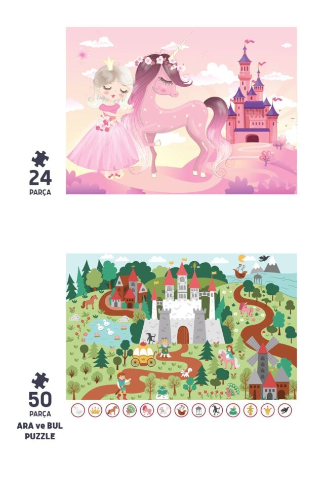 2'li Çocuk Puzzle - 24 Parça Sevimli Prenses Ve 50 Parça Ara Ve Bul Sihirli Unıcorn