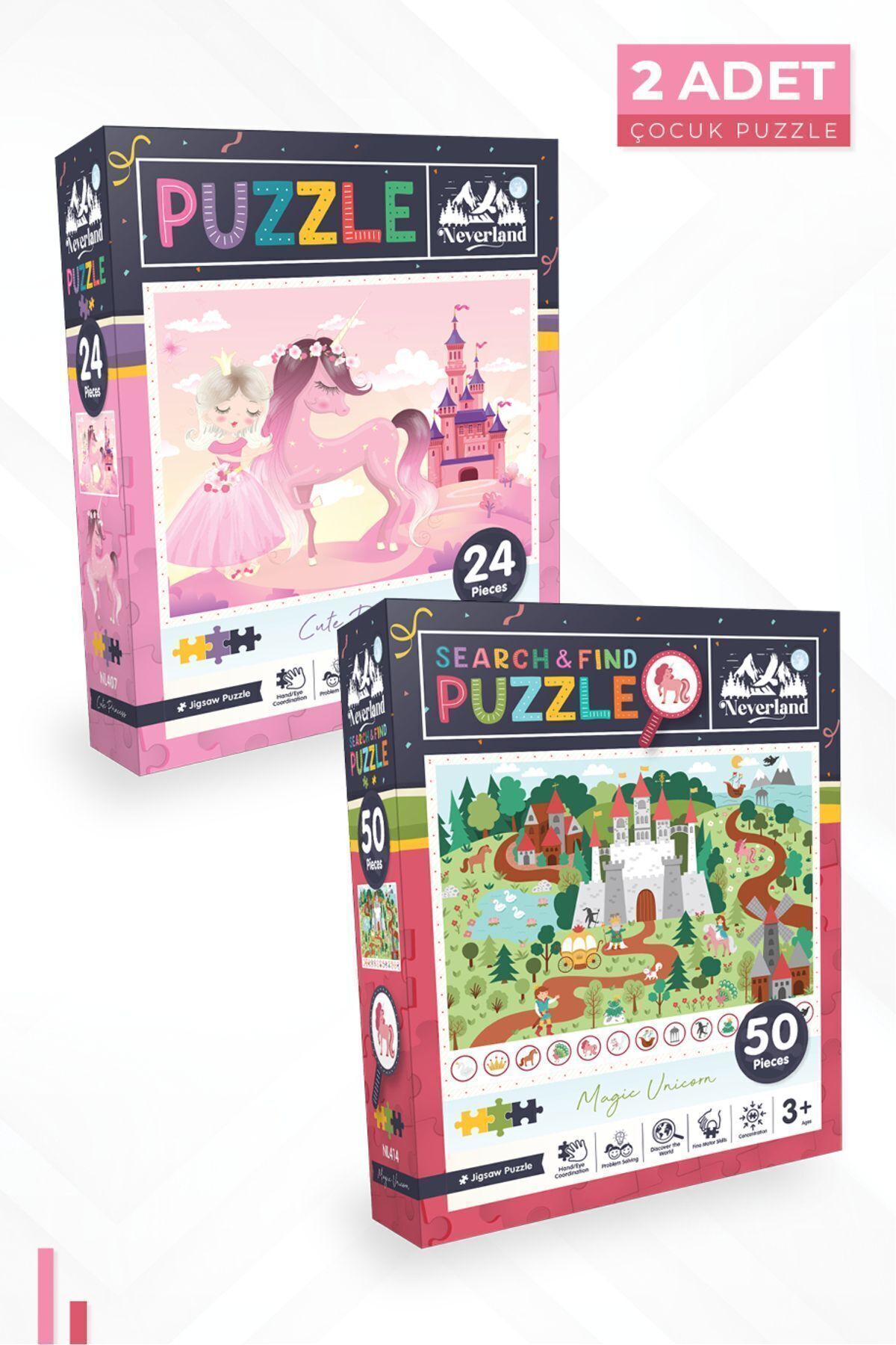 2'li Çocuk Puzzle - 24 Parça Sevimli Prenses Ve 50 Parça Ara Ve Bul Sihirli Unıcorn