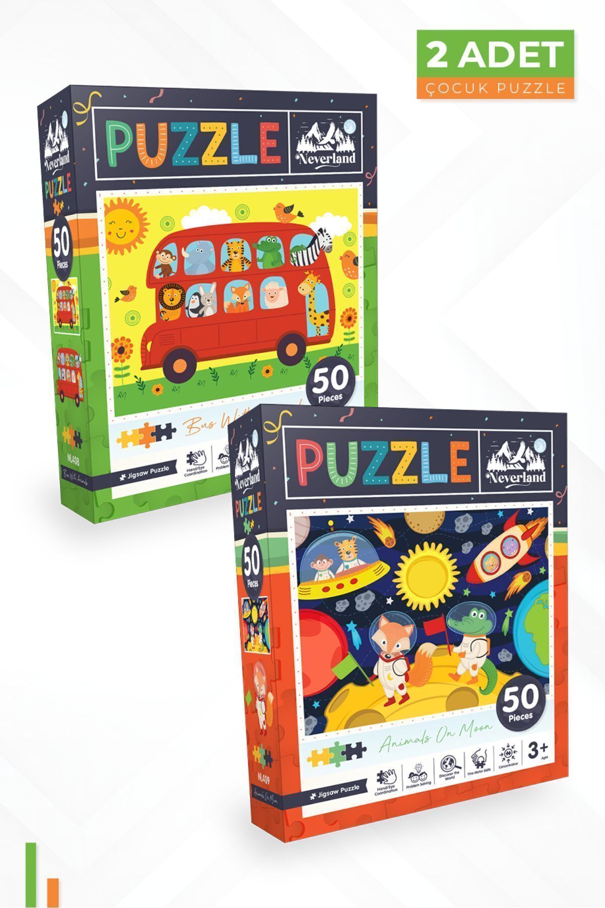 2'li Çocuk Puzzle - 50 Parça Hayvanlarla Otobüs Ve Ay Hayvanları