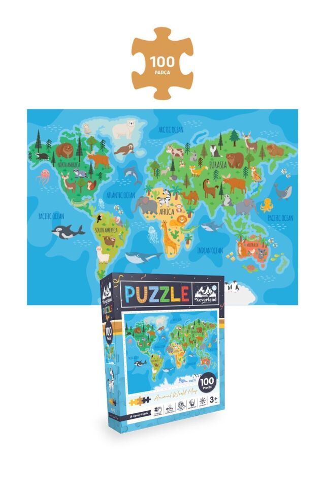 4'lü Çocuk Puzzle - 50 P. Otobüs Ve Ay Hayvanları Ve 100 P. Hayvan Dünya Haritası Ve Gezegenler