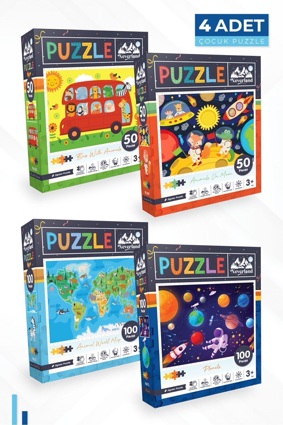 4'lü Çocuk Puzzle - 50 P. Otobüs Ve Ay Hayvanları Ve 100 P. Hayvan Dünya Haritası Ve Gezegenler