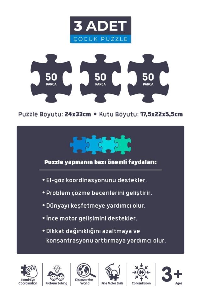 3'lü Çocuk Puzzle - 50 Parça Hayvanlarla Otobüs Ve Ay Hayvanları Ve Ara Ve Bul Çiftlik Arkadaşları