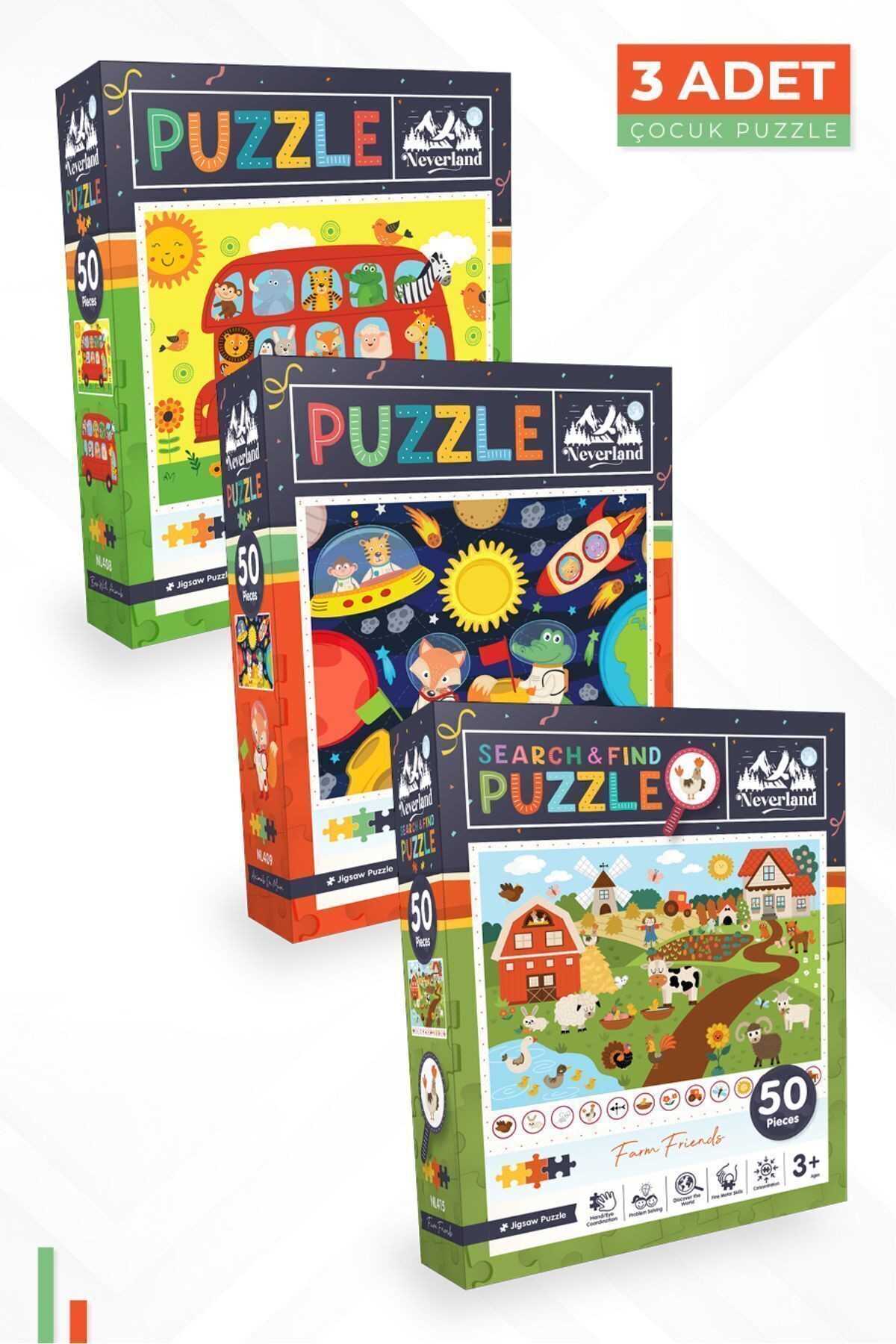 3'lü Çocuk Puzzle - 50 Parça Hayvanlarla Otobüs Ve Ay Hayvanları Ve Ara Ve Bul Çiftlik Arkadaşları