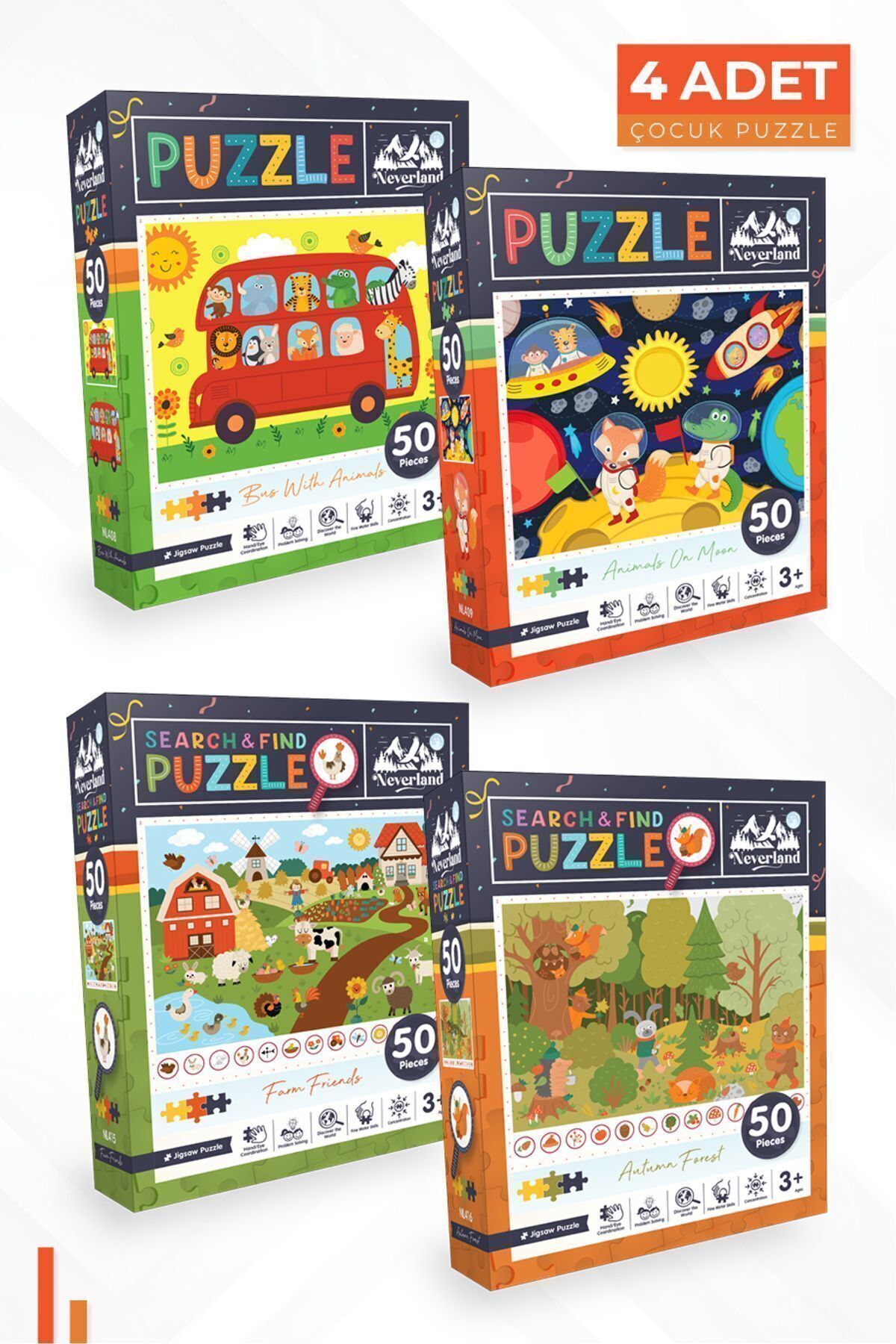 4'lü Çocuk Puzzle - 50 P. Hayvanlar Otobüs / Ay Hayvanları / Çiftlik Arkadaşları / Sonbahar Ormanı