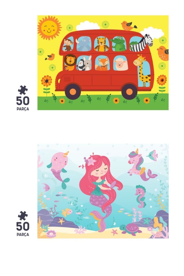 2'li Çocuk Puzzle - 50 Parça Puzzle - Hayvanlarla Otobüs Ve Deniz Kızı