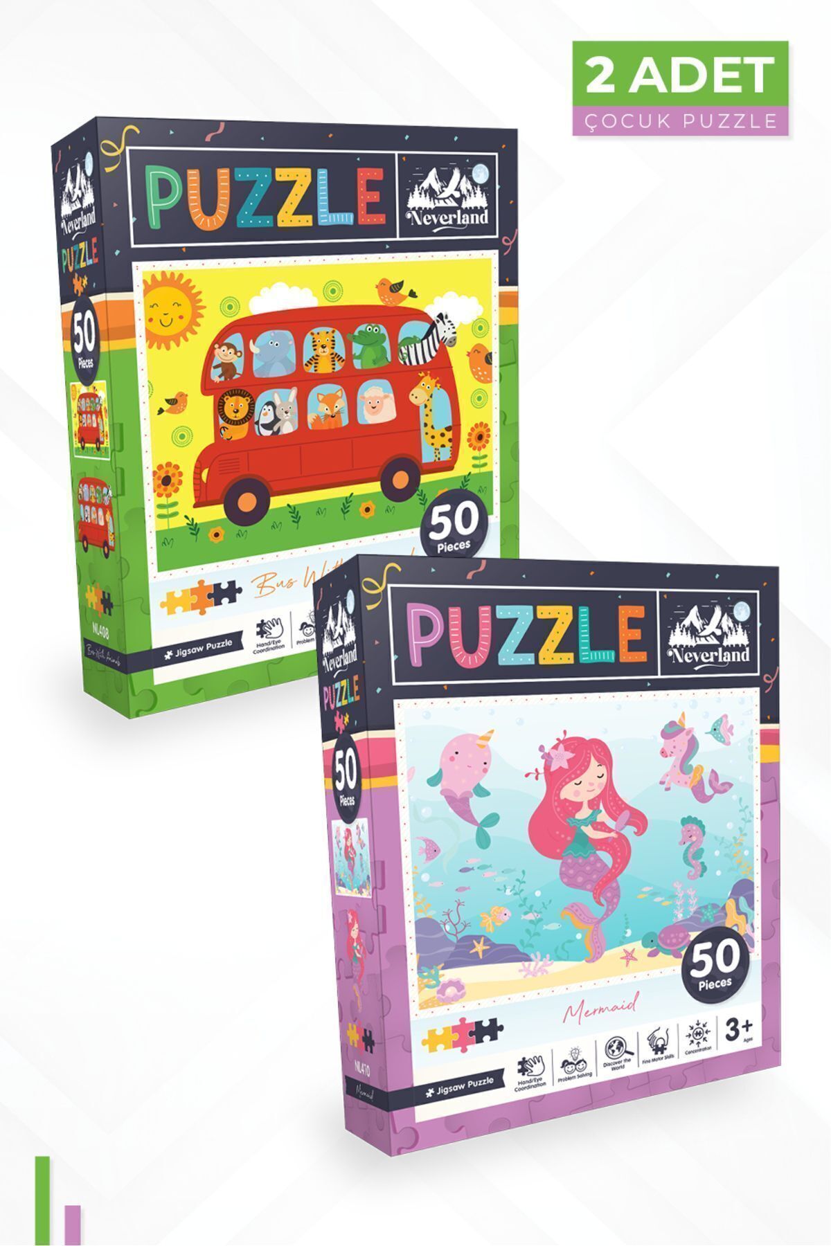 2'li Çocuk Puzzle - 50 Parça Puzzle - Hayvanlarla Otobüs Ve Deniz Kızı