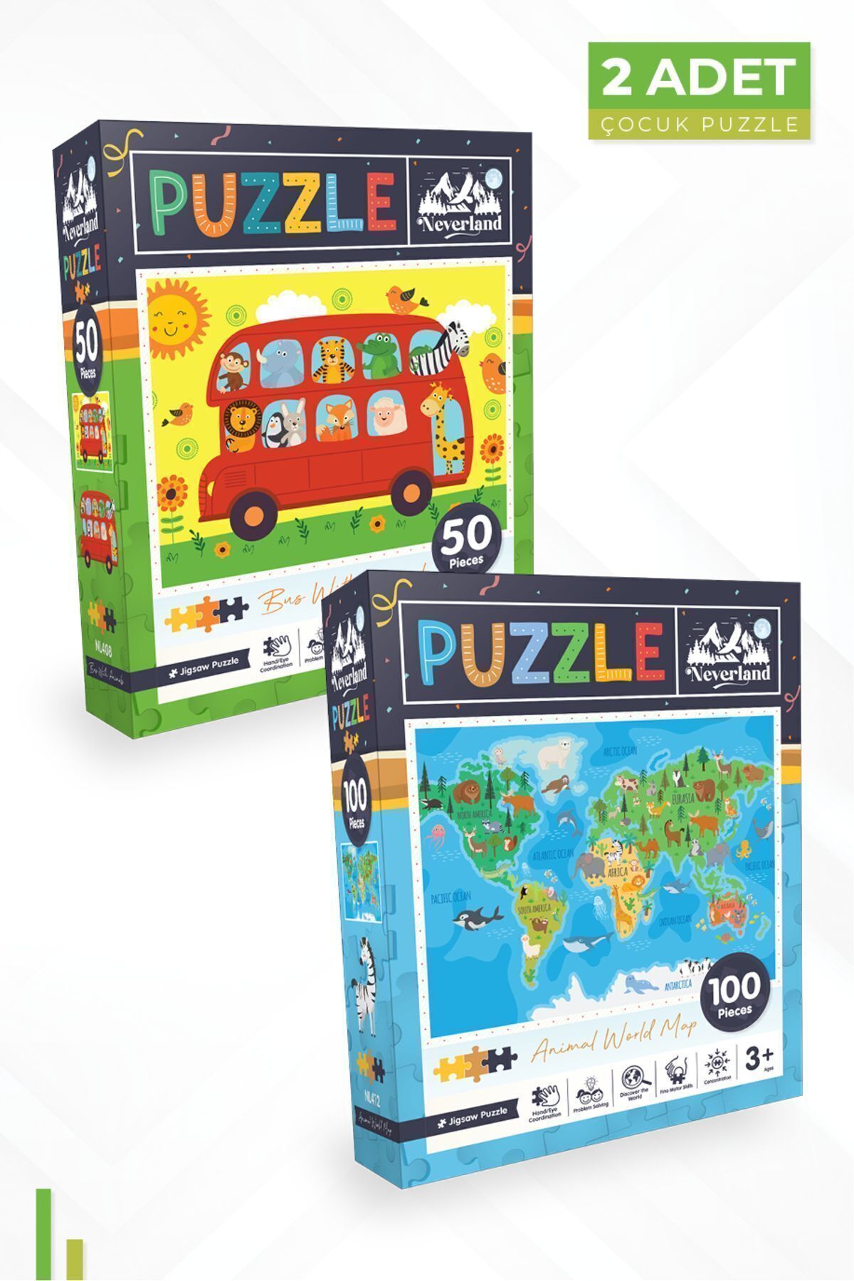 2'li Çocuk Puzzle - 50 Parça Hayvanlarla Otobüs Ve 100 Parça Hayvan Dünya Haritası