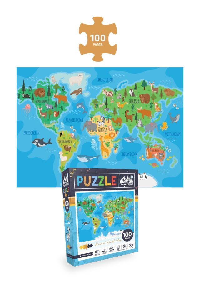 3'lü Çocuk Puzzle - 50 P. Hayvanlarla Otobüs Ve 100 P. Hayvan Dünya Haritası Ve 100 P. Gezegenler