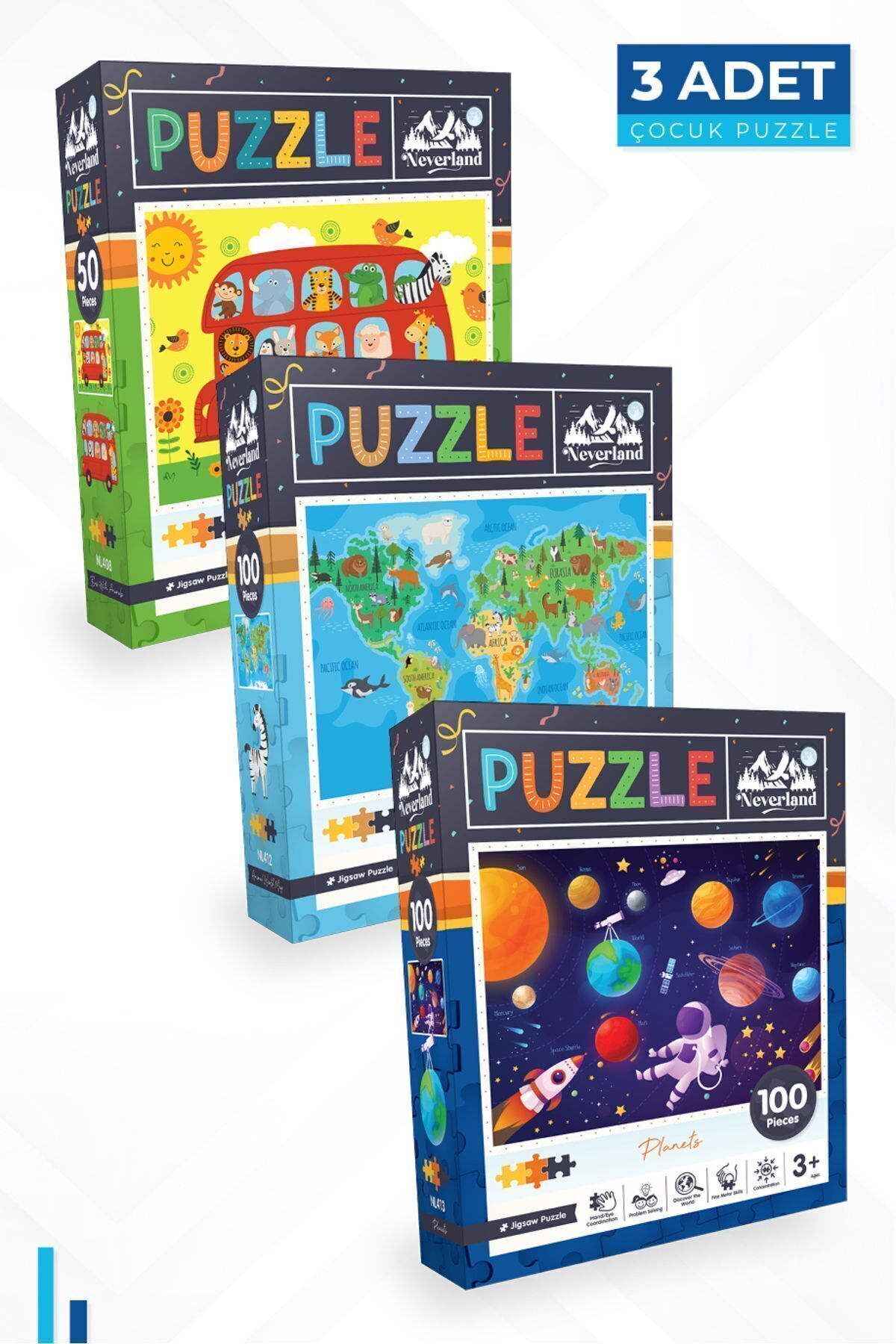 3'lü Çocuk Puzzle - 50 P. Hayvanlarla Otobüs Ve 100 P. Hayvan Dünya Haritası Ve 100 P. Gezegenler