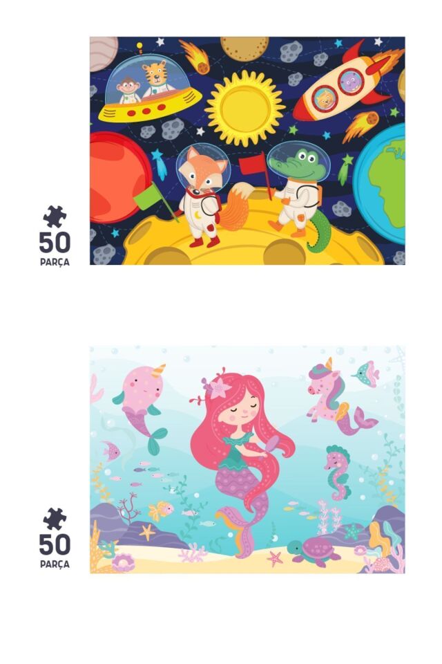 2'li Çocuk Puzzle - 50 Parça Puzzle / Ay Hayvanları Ve Deniz Kızı