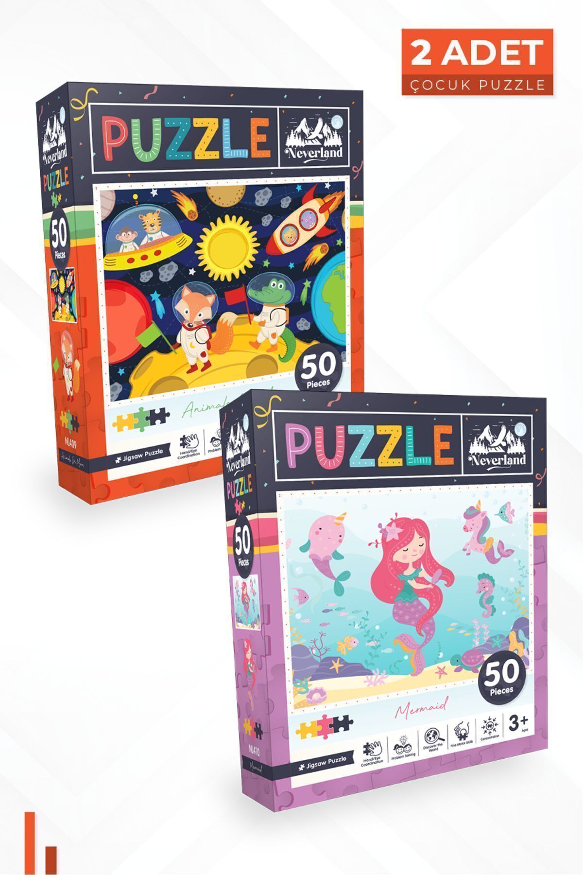 2'li Çocuk Puzzle - 50 Parça Puzzle / Ay Hayvanları Ve Deniz Kızı