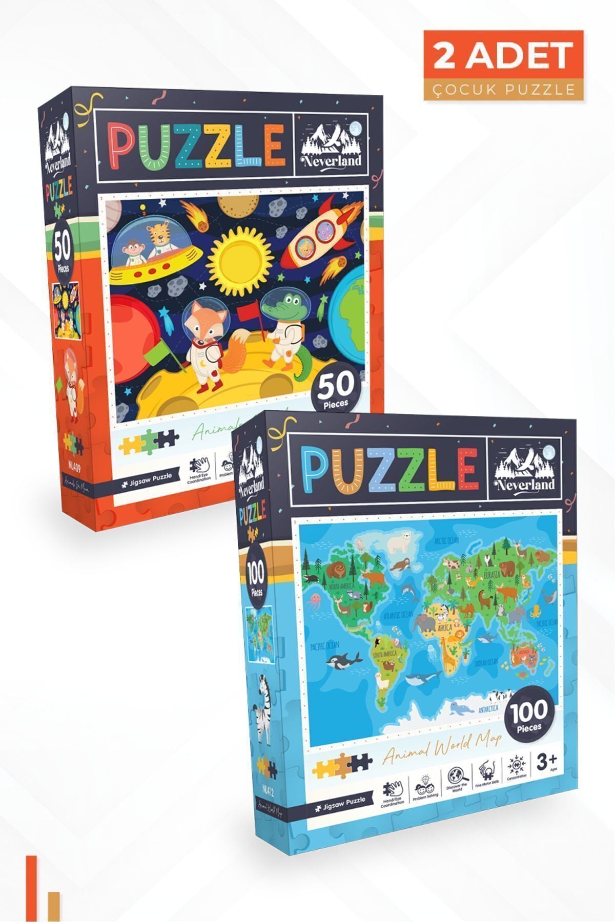 2'li Çocuk Puzzle - 50 Parça Ay Hayvanları Ve 100 Parça Hayvan Dünya Haritası