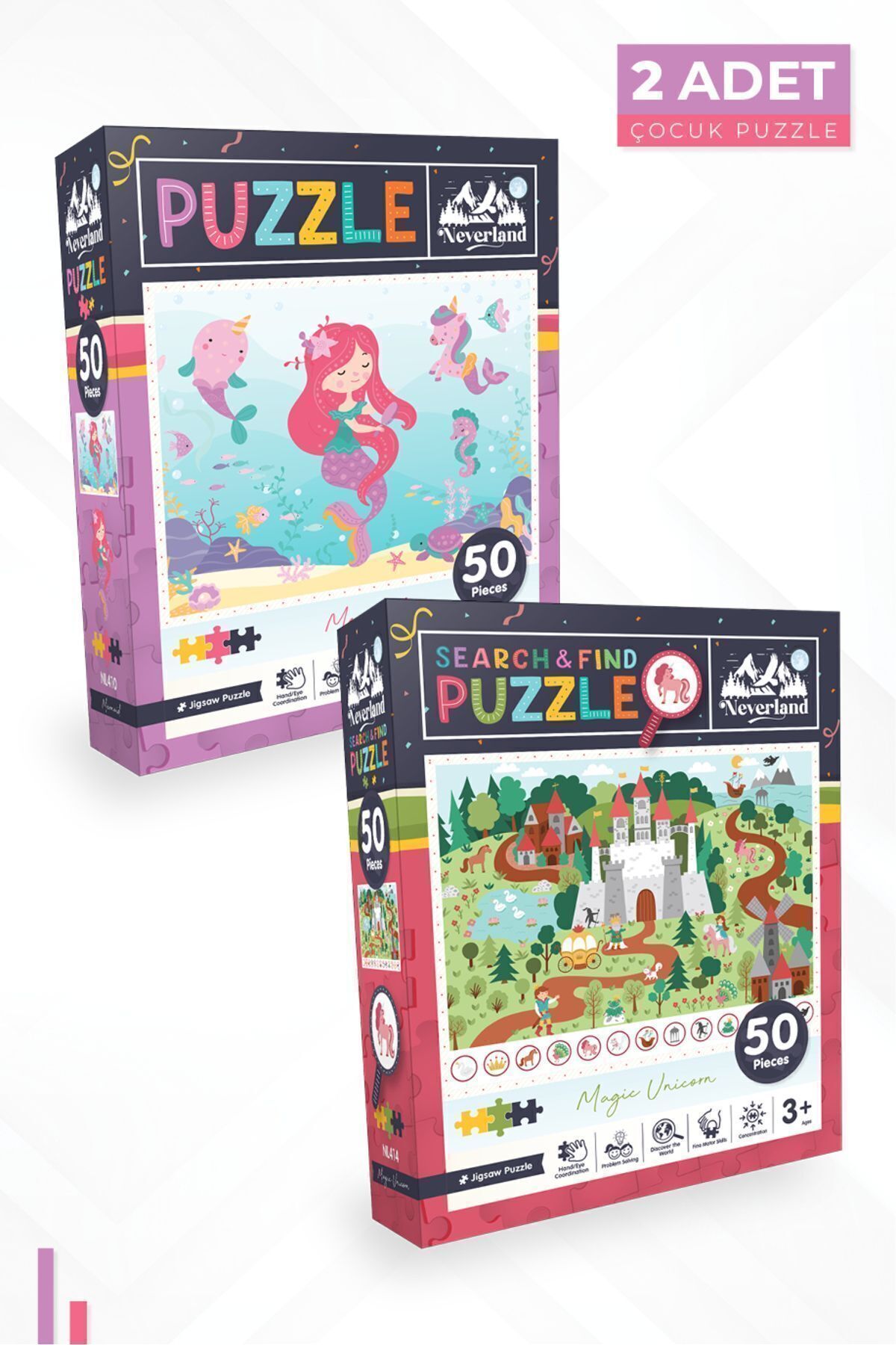 2'li Çocuk Puzzle - 50 Parça Deniz Kızı Ve 50 Parça Ara Ve Bul Sihirli Unıcorn
