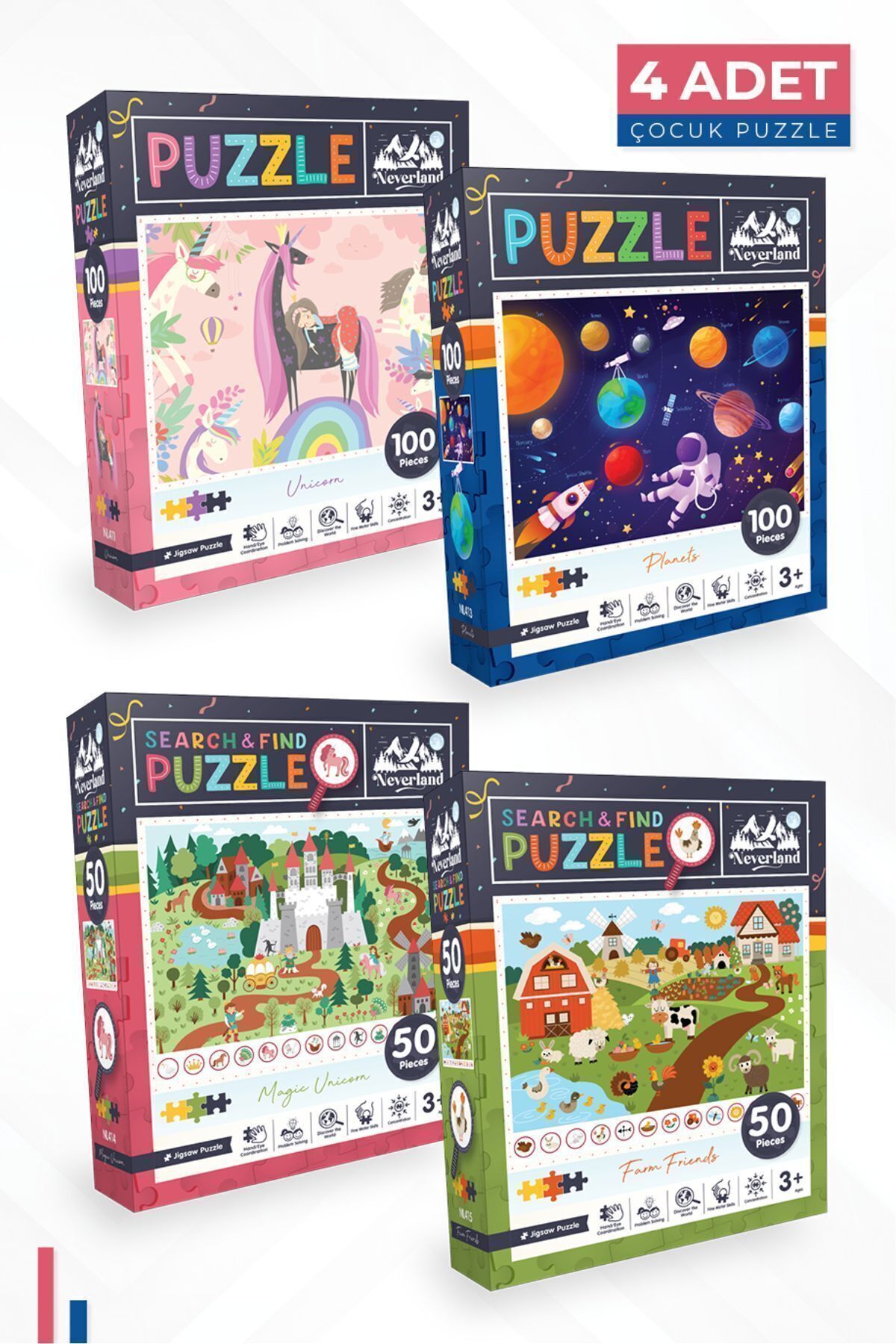 4'lü Çocuk Puzzle- 100 P. Unıcorn Ve Gezegenler Ve 50 P. Ara Ve Bul Unıcorn Ve Çiftlik Arkadaşları