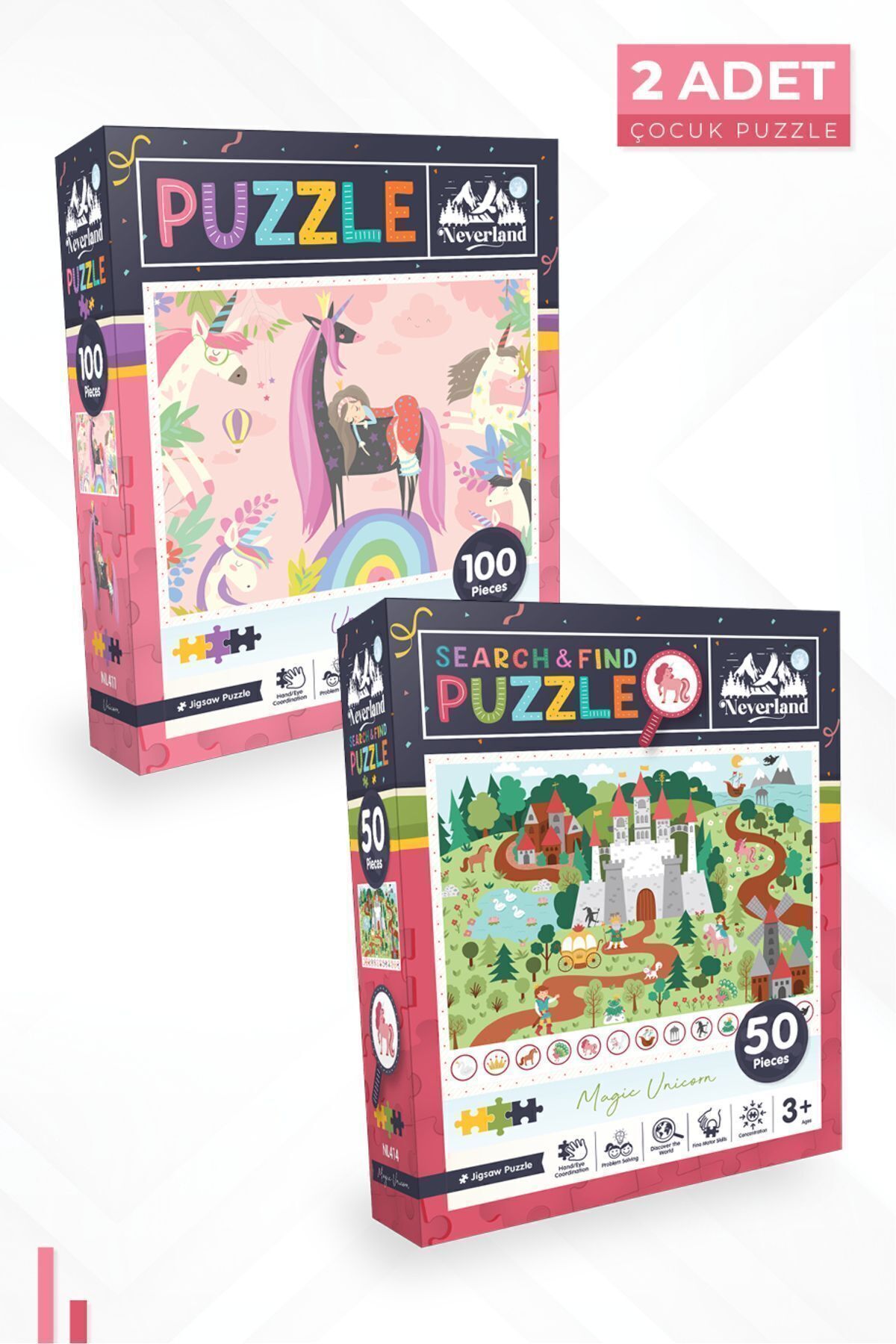 2'li Çocuk Puzzle - 100 Parça Unıcorn Ve 50 Parça Ara Ve Bul Sihirli Unıcorn