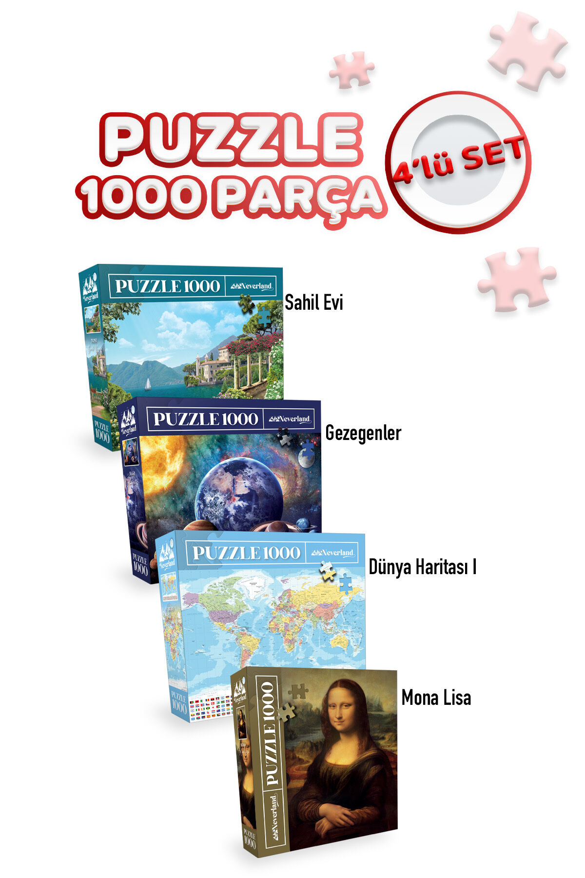 4 Adet 1000 Parça Puzzle - Gezegenler / Dünya Haritası I / Mona Lisa / Sahil Evi