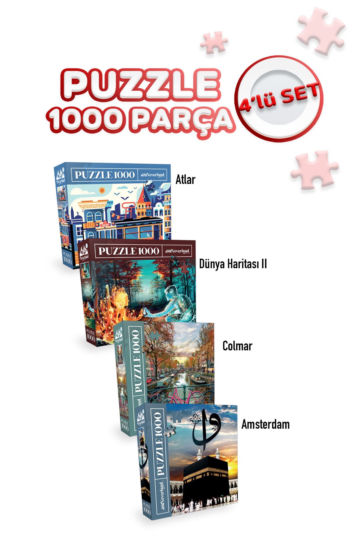 4 Adet 1000 Parça Puzzle - Amsterdam / İstanbul / Kutsal Kabe / Ateş ve Su