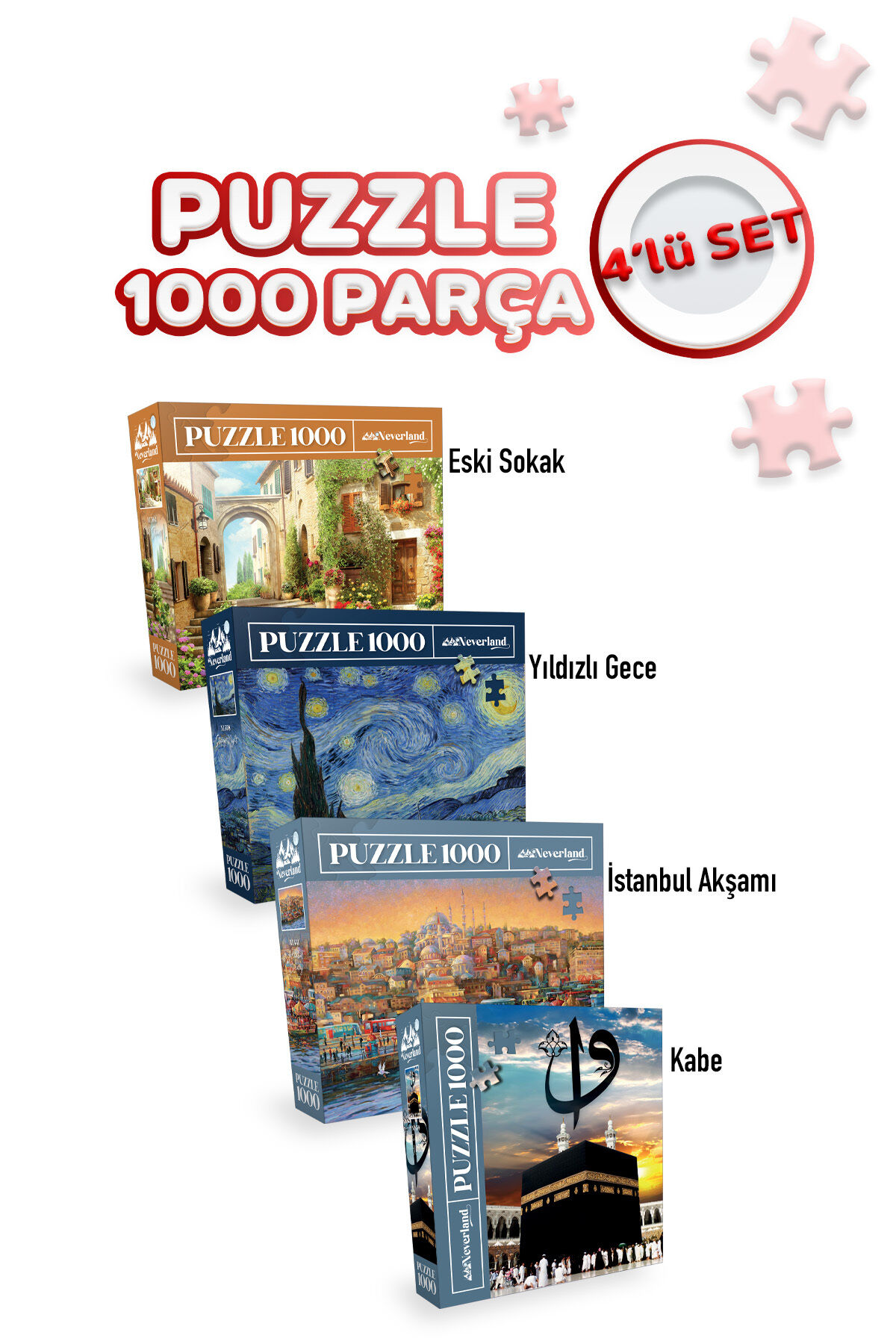 4 Adet 1000 Parça Puzzle - Kutsal Kabe / İstanbul Evening / Yıldızlı Gece / Eski Sokak
