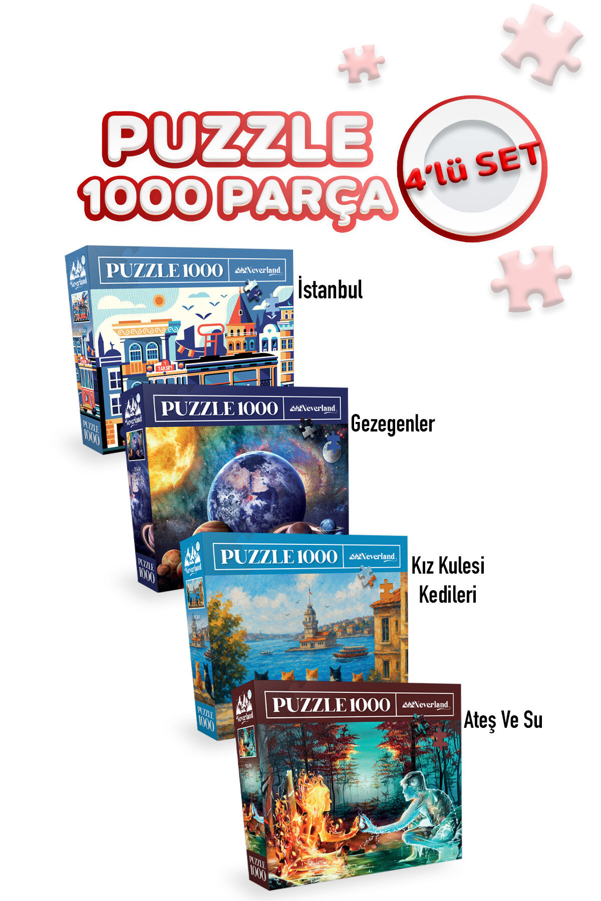4 ADET 1000 PARÇA PUZZLE -ISTANBUL VE GEZEGENLER VE KIZ KULESİ KEDİLERİ VE ATEŞ VE SU