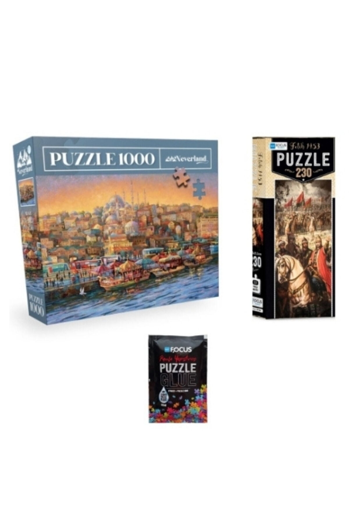 3'lü Set Puzzle - 1000 Parça İstanbul Evening + 230 Parça Fetih 1453 Panorama + Puzzle Yapıştırıcı