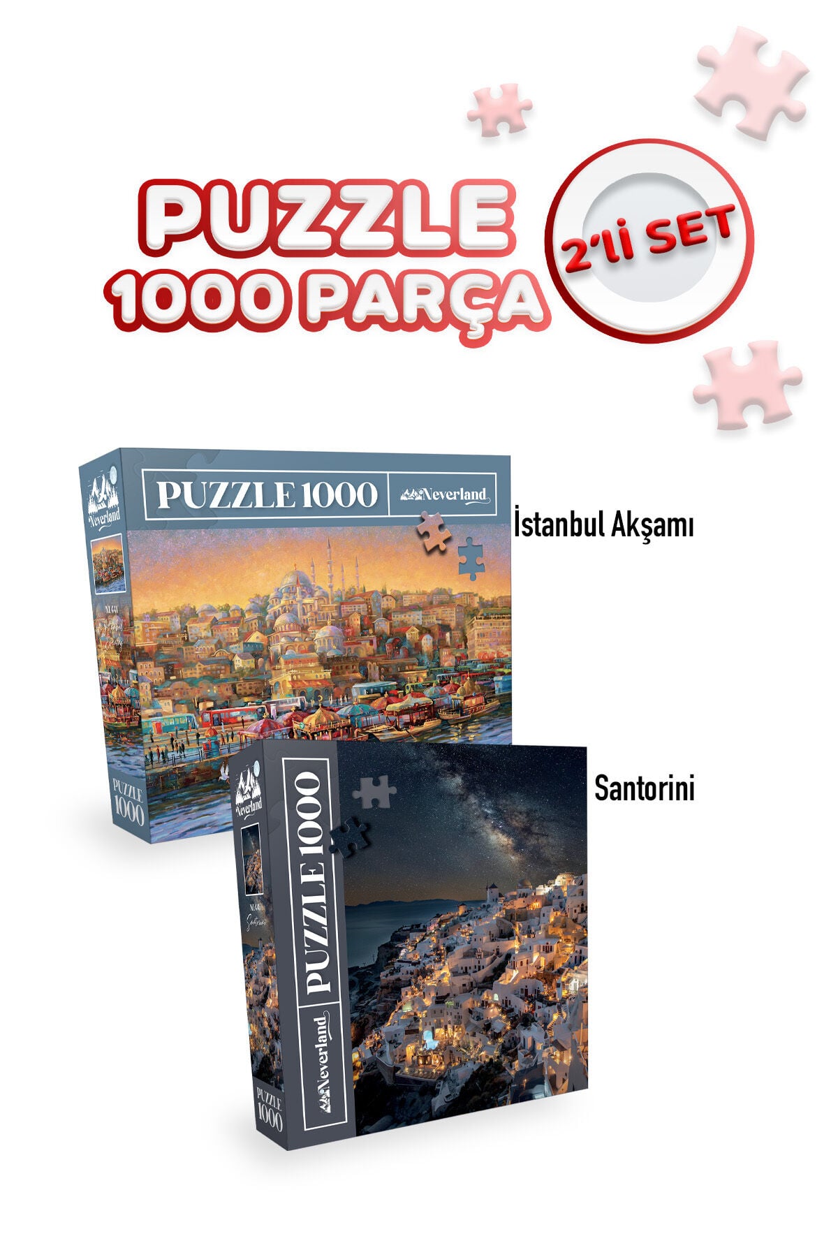 2 Adet 1000 Parça Puzzle - İstanbul Evening ve Santorini