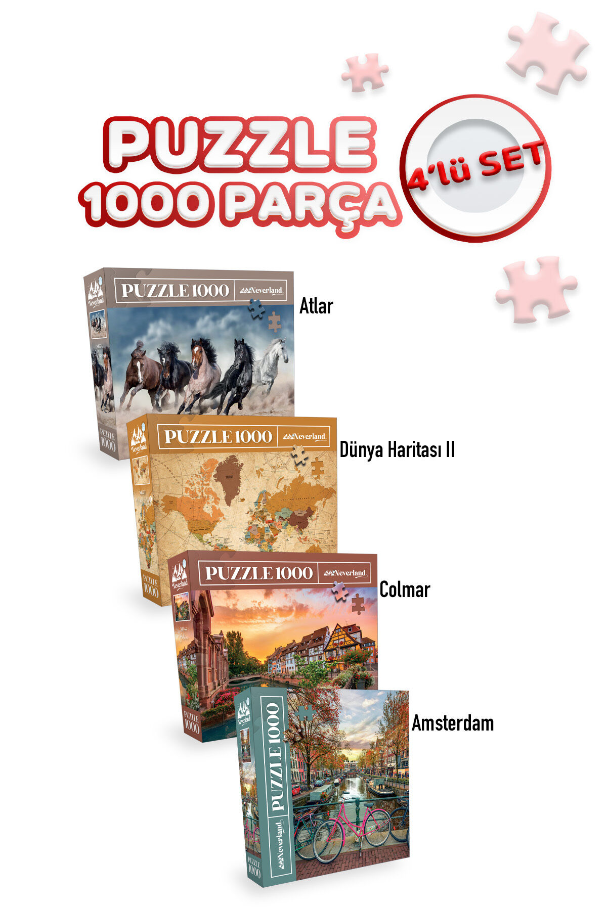 4 Adet 1000 Parça Puzzle - Colmar / Amsterdam / Dünya Haritası II / Atlar