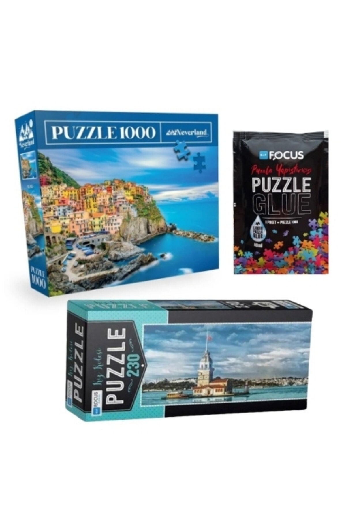 3'lü Set Puzzle - 1000 Parça Cinque Terre + 230 Parça Kız Kulesi + Puzzle Yapıştırıcı