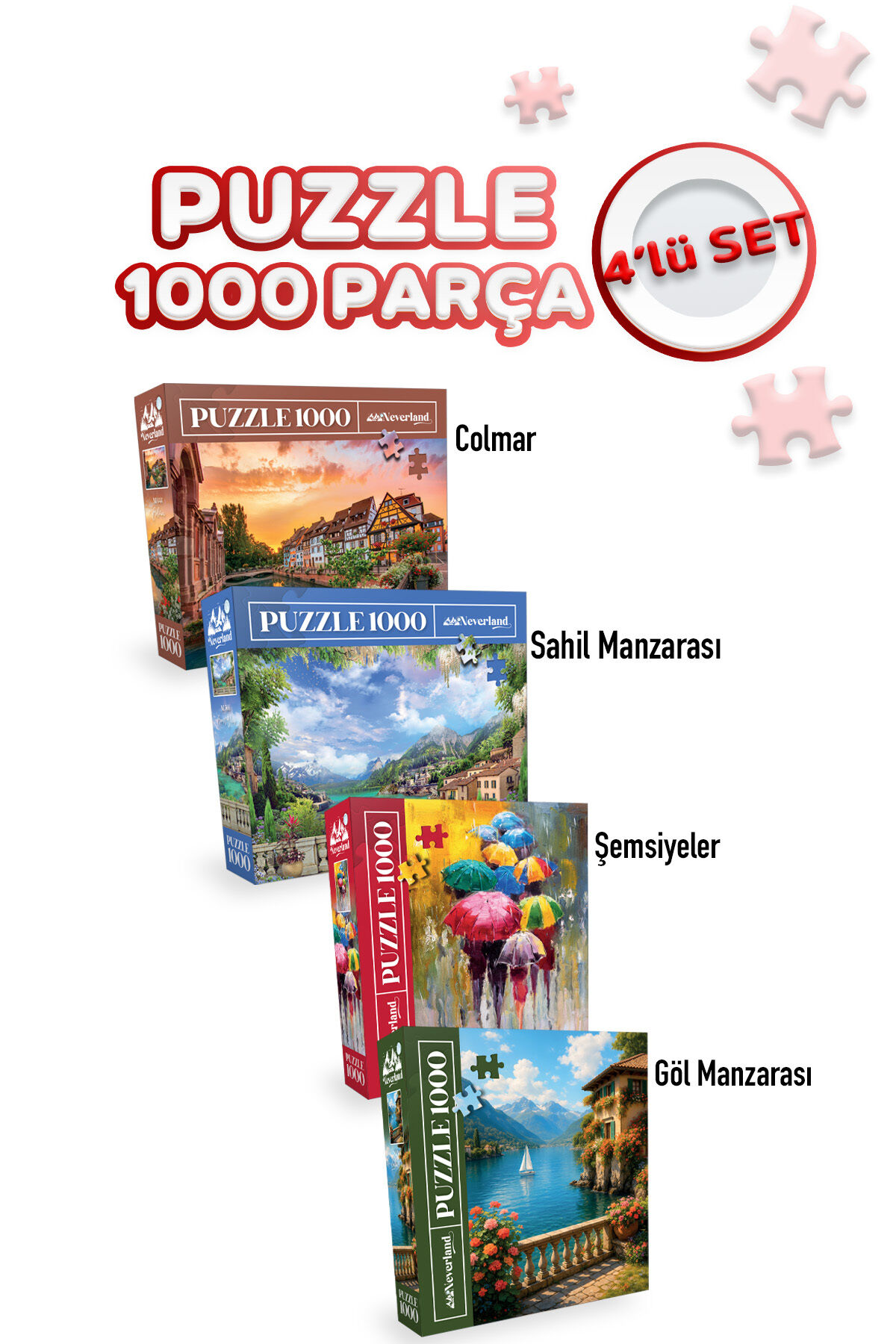 4 ADET 1000 PARÇA PUZZLE -COLMAR VE SAHİL MANZARASI VE ŞEMSİYELER VE GÖL MANZARASI