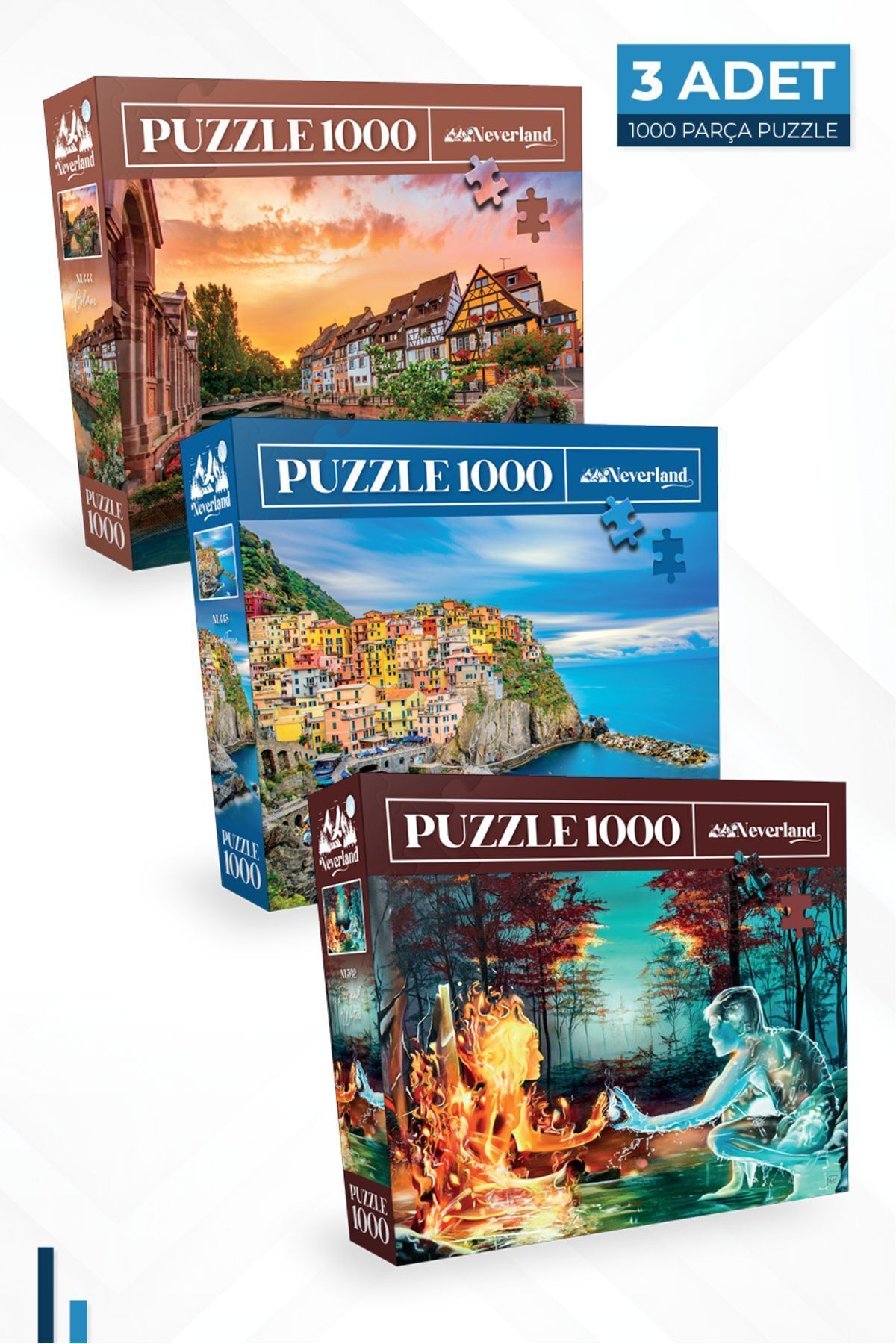 3 ADET 1000 PARÇA PUZZLE - COLMAR ve ATEŞ VE SU ve CINQUE TERRE