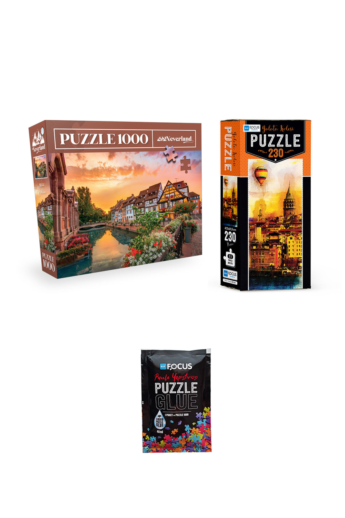 1000 PARÇA PUZZLE COLMAR VE 230 PARÇA GALATA KULESİ VE PUZZLE YAPIŞTIRICISI