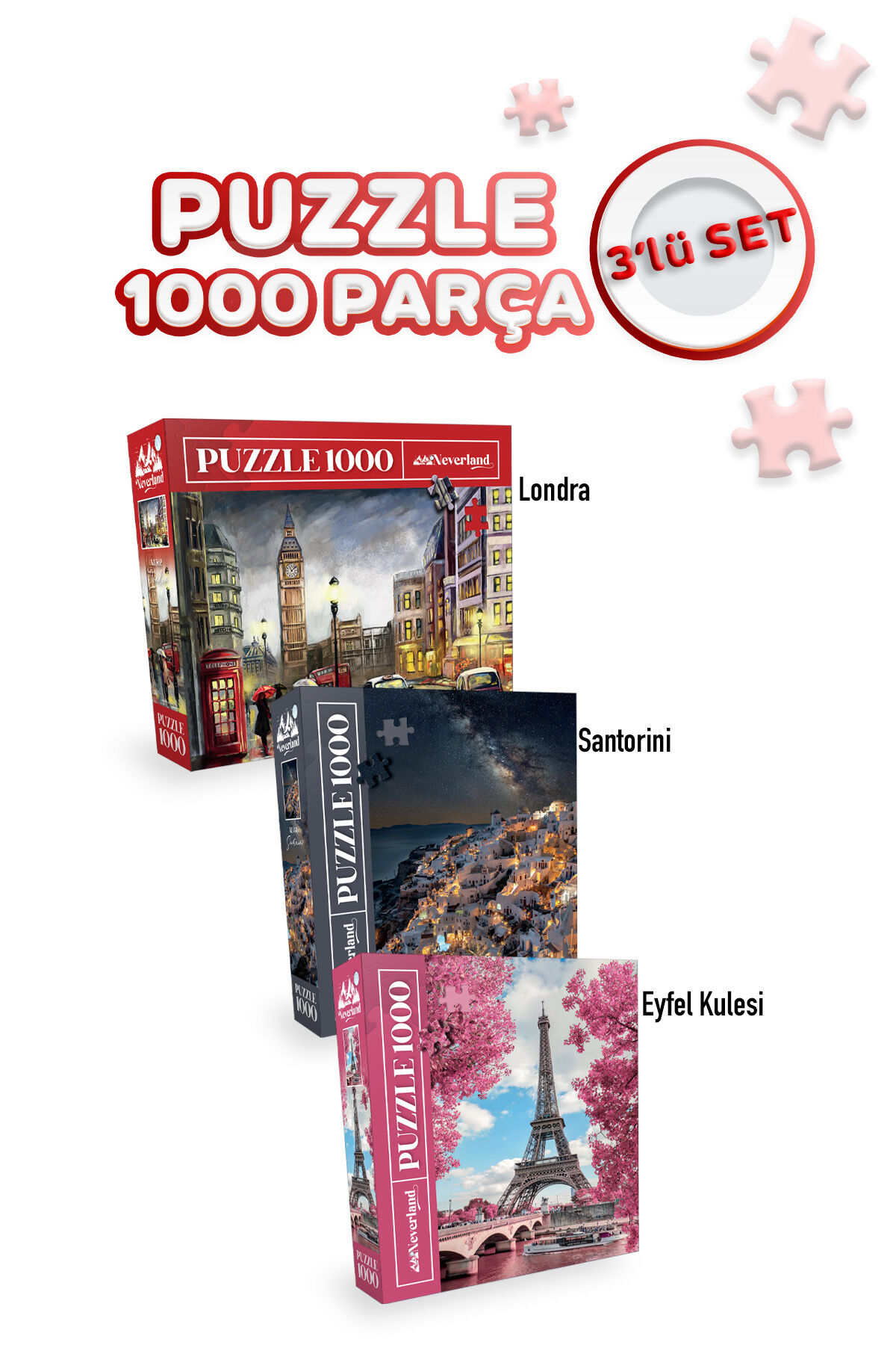 3 ADET 1000 PARÇA PUZZLE - EYFEL KULESİ ve LONDON ve SANTORINI