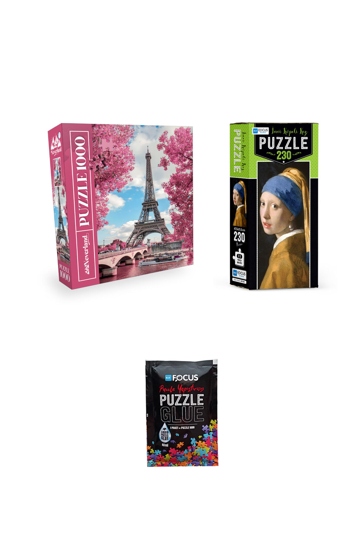 1000 PARÇA PUZZLE EYFEL KULESİ VE 230 PARÇA İNCİ KÜPELİ KIZ VE PUZZLE YAPIŞTIRICISI