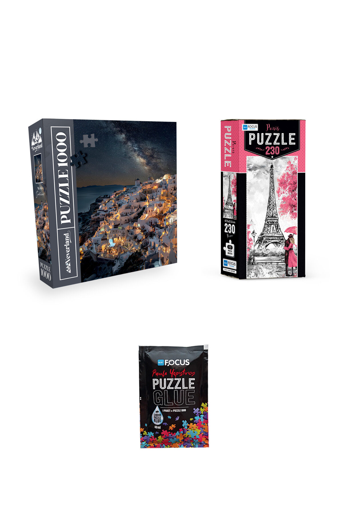 1000 PARÇA PUZZLE SANTORINI VE 230 PARÇA PARIS VE PUZZLE YAPIŞTIRICISI
