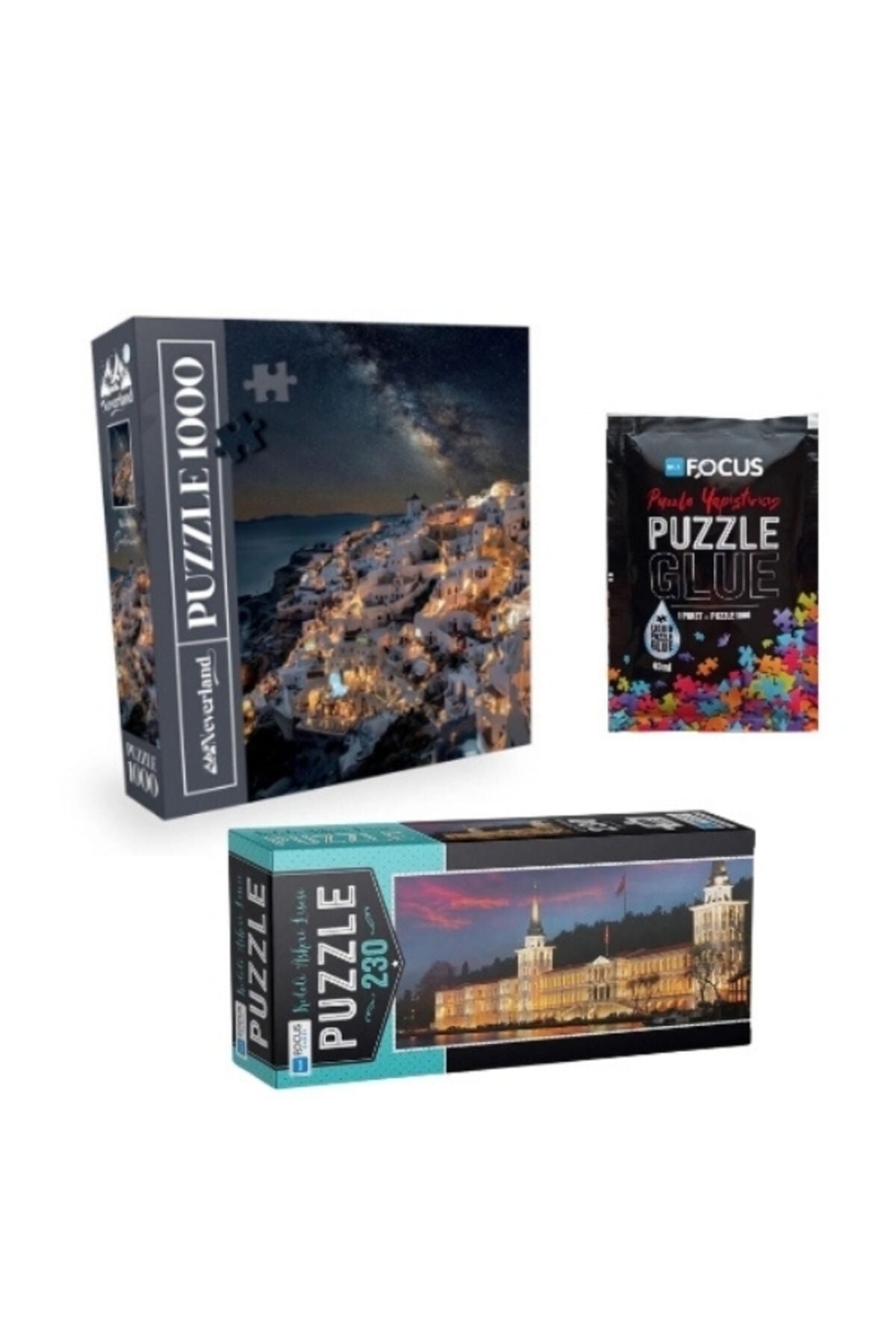 3'lü Set Puzzle - 1000 Parça Santorini + 230 Parça Kuleli Askeri Lisesi + Puzzle Yapıştırıcı