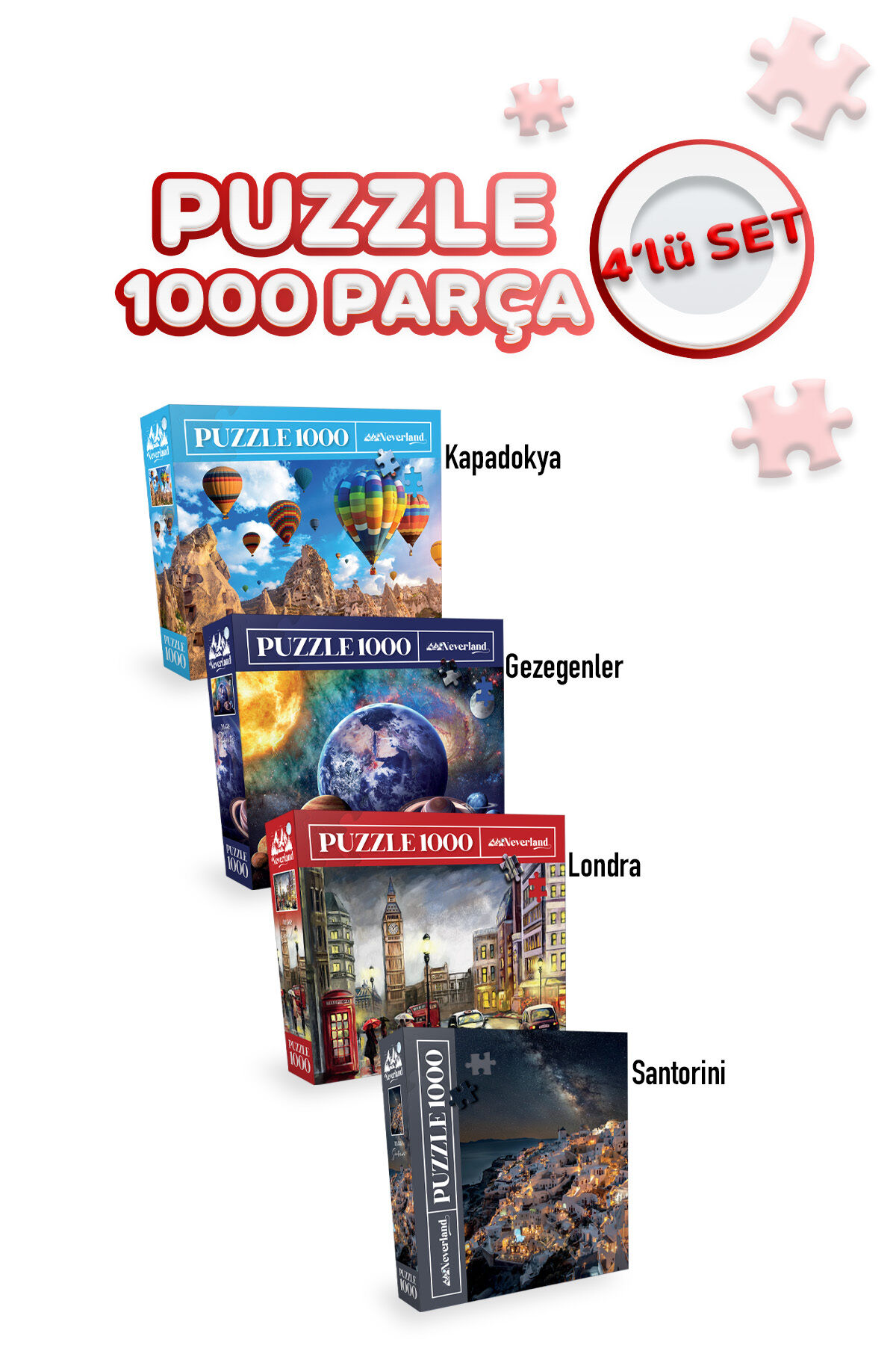 4 Adet 1000 Parça Puzzle - Santorini / Gezegenler / London / Kapadokya