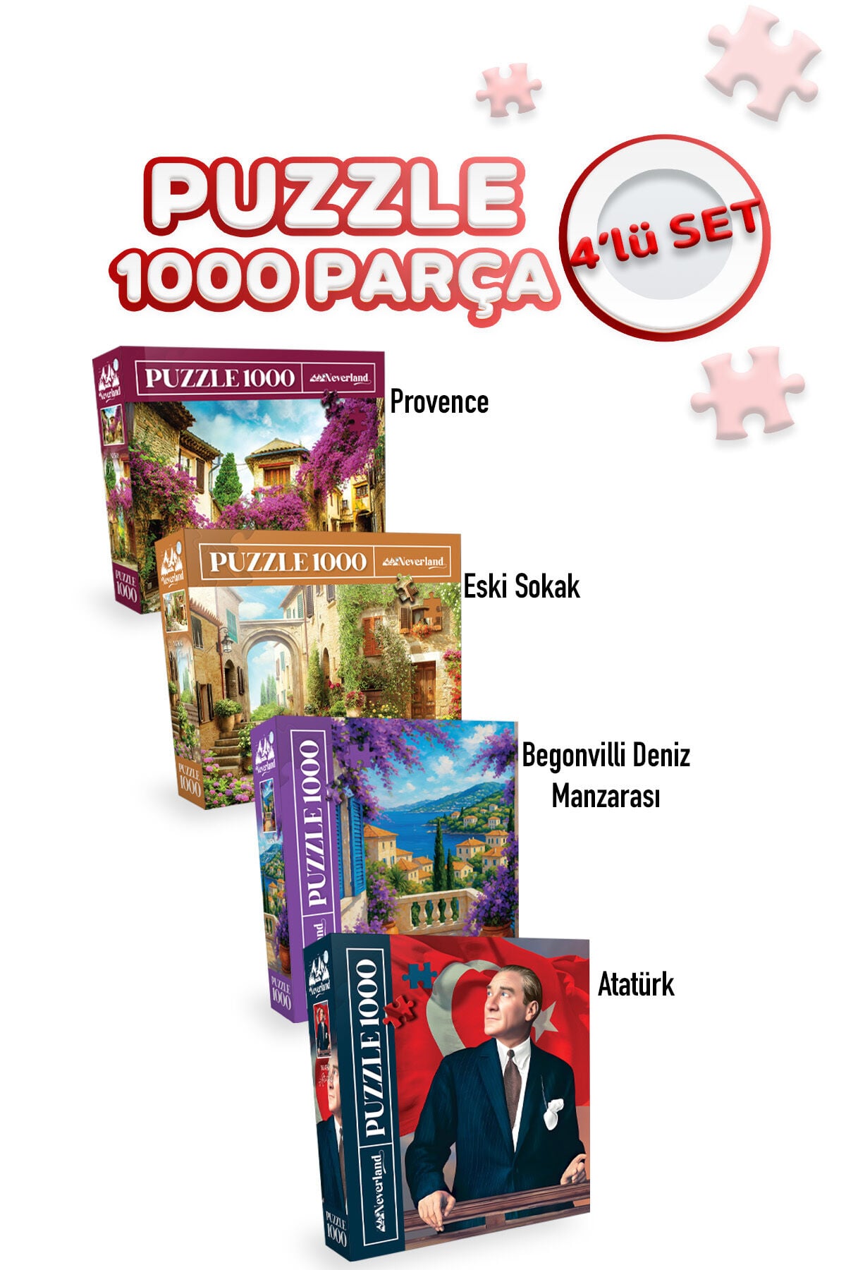 4 ADET 1000 PARÇA PUZZLE -PROVENCE VE ESKİ SOKAK VE BEGONVİLLİ DENİZ MANZARASI VE ATATÜRK