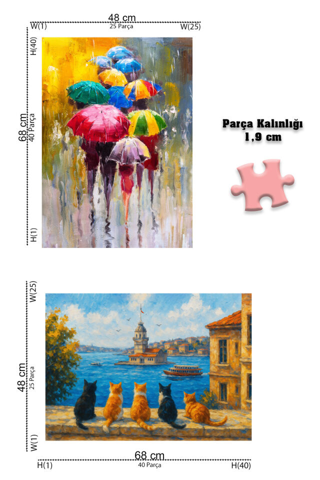 4 ADET 1000 PARÇA PUZZLE -KIZ KULESİ VE ISTANBUL VE KIZ KULESİ KEDİLERİ VE ŞEMSİYELER