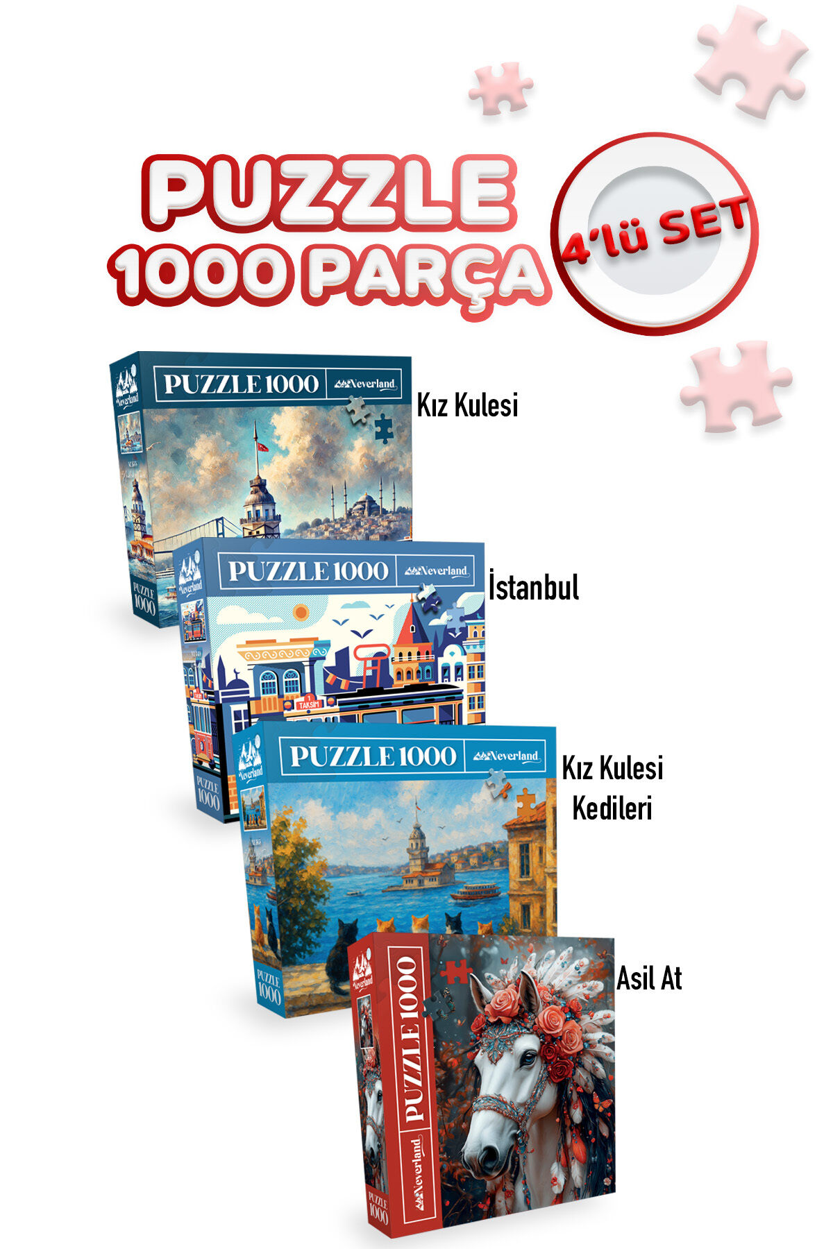 4 ADET 1000 PARÇA PUZZLE -KIZ KULESİ VE ISTANBUL VE KIZ KULESİ KEDİLERİ VE ŞEMSİYELER