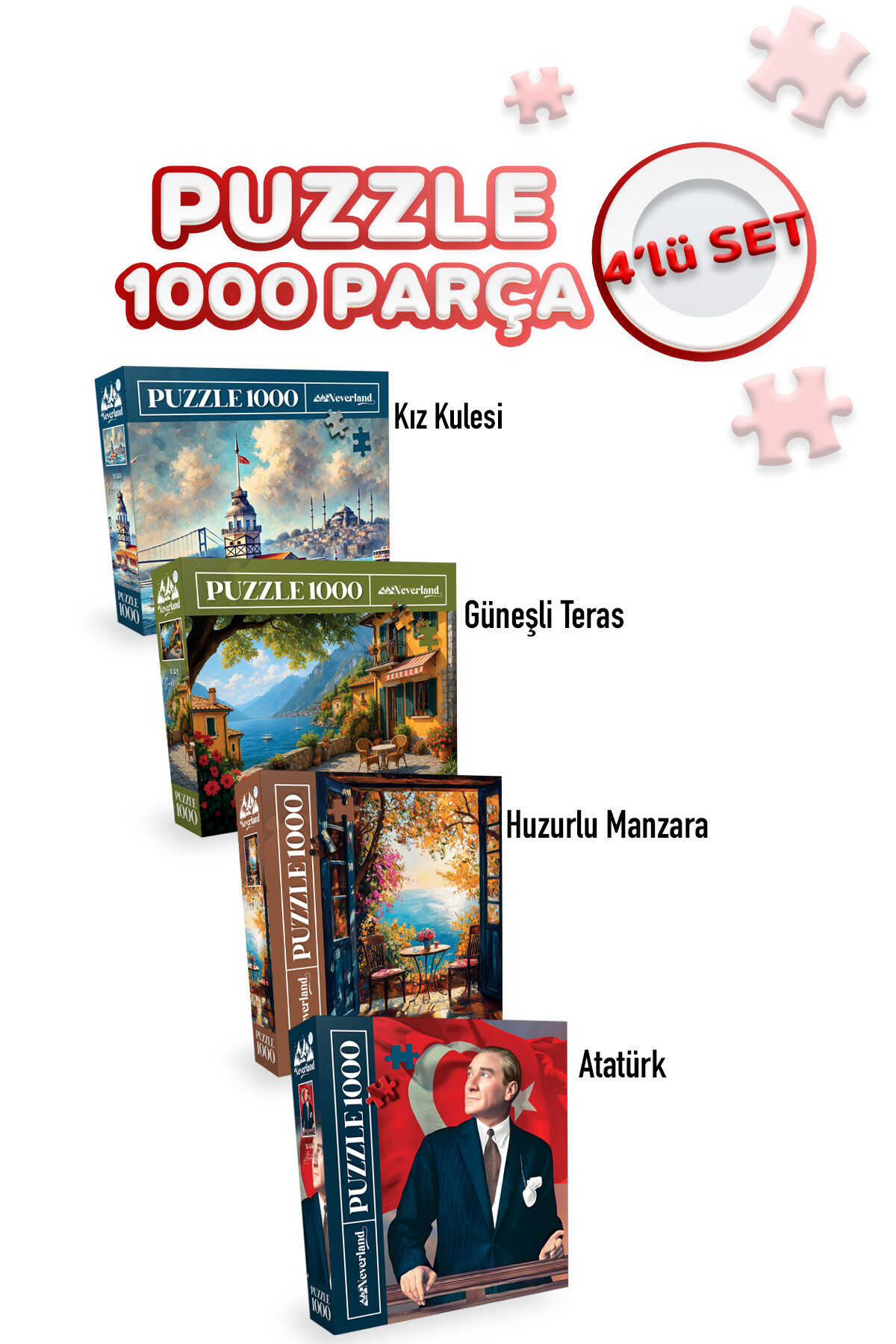 4 ADET 1000 PARÇA PUZZLE -KIZ KULESİ VE HUZURLU MANZARA VE ATATÜRK VE GÜNEŞLİ TERAS