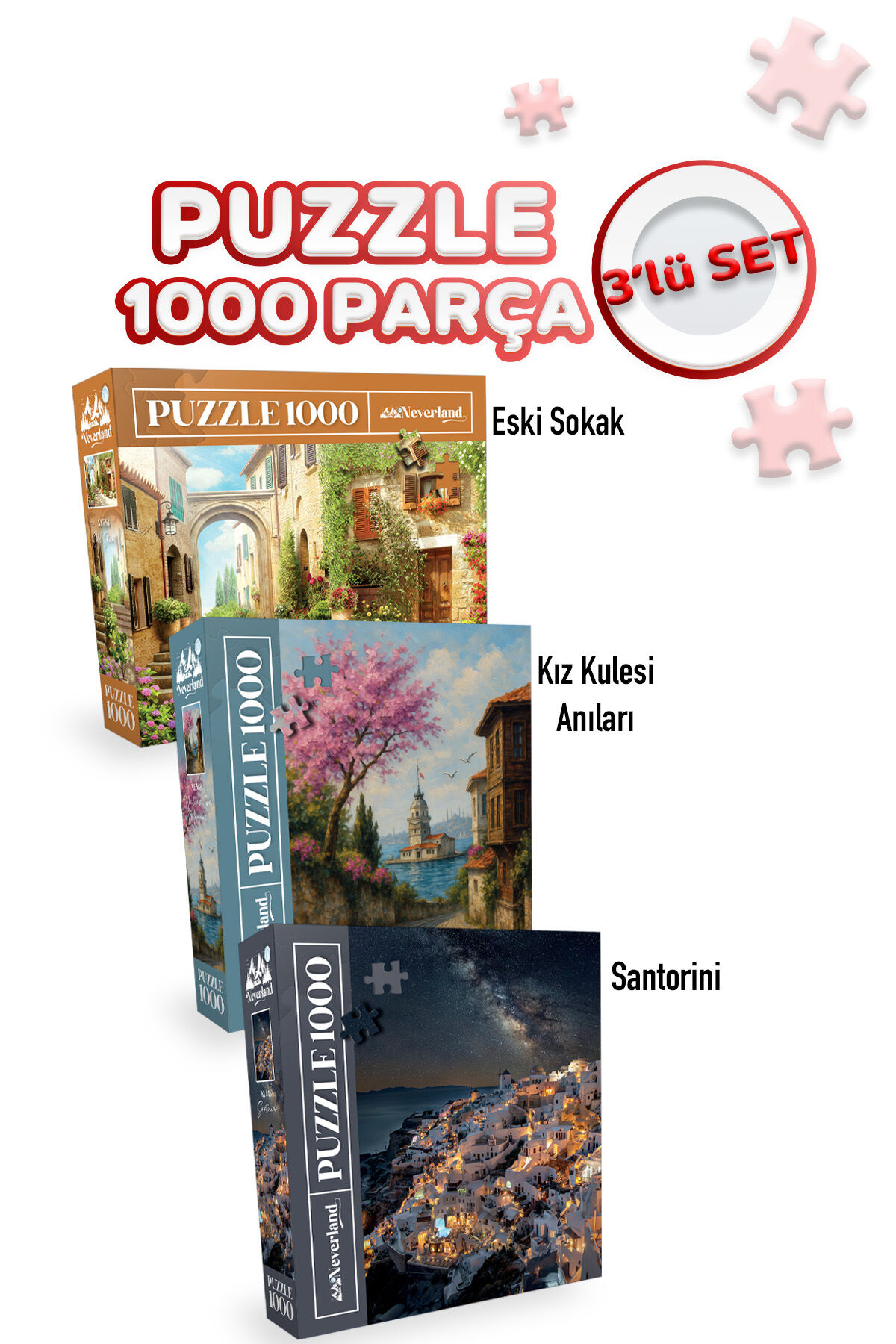3 ADET 1000 PARÇA PUZZLE - KIZ KULESİ ANILARI VE ESKİ SOKAK VE SANTORINI