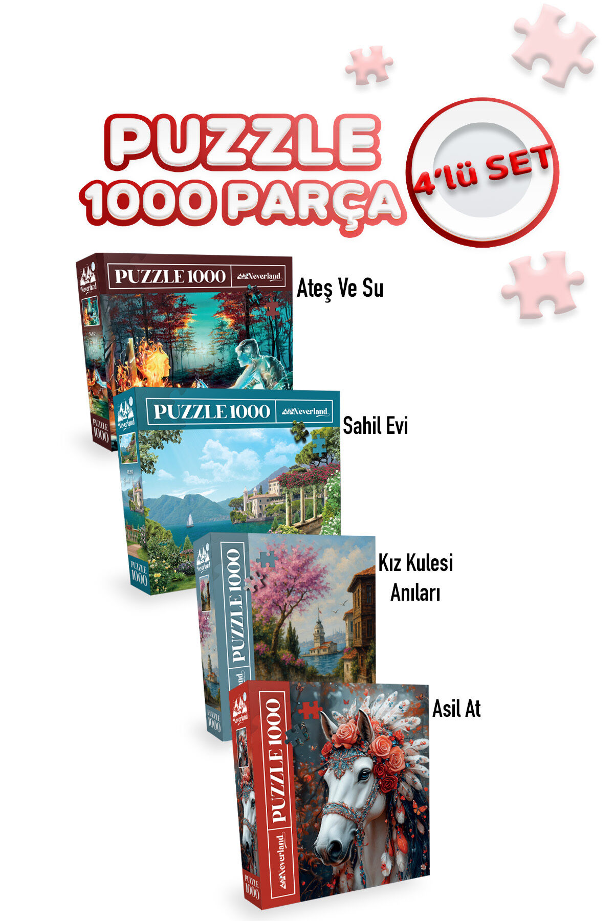 4 ADET 1000 PARÇA PUZZLE -KIZ KULESİ ANILARI VE ATEŞ VE SU VE ASİL AT VE SAHİL EVİ