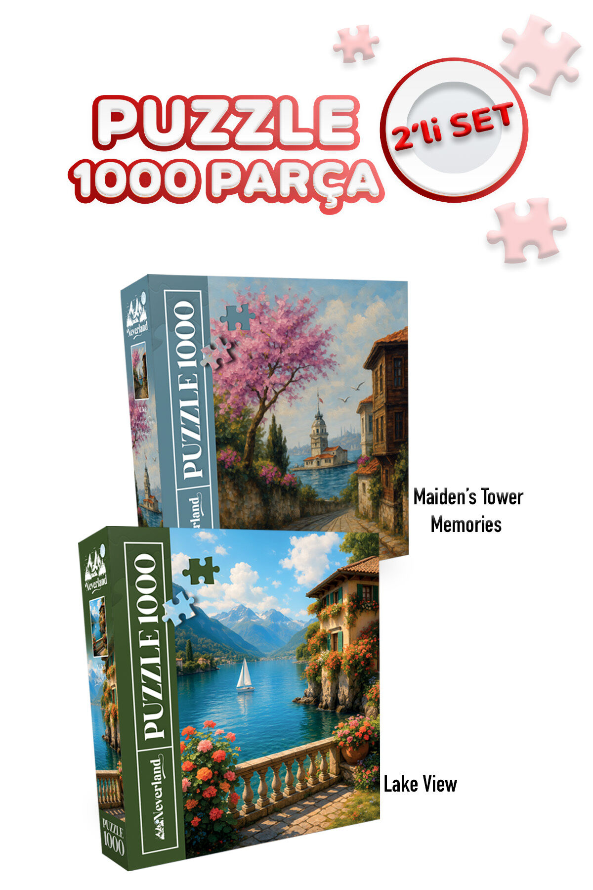 2 ADET 1000 PARÇA PUZZLE - KIZ KULESİ ANILARI VE GÖL MANZARASI