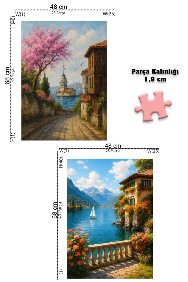 4 ADET 1000 PARÇA PUZZLE -KIZ KULESİ ANILARI VE GÖL MANZARASI VE ÖZGÜR AT VE SANTORİNİ