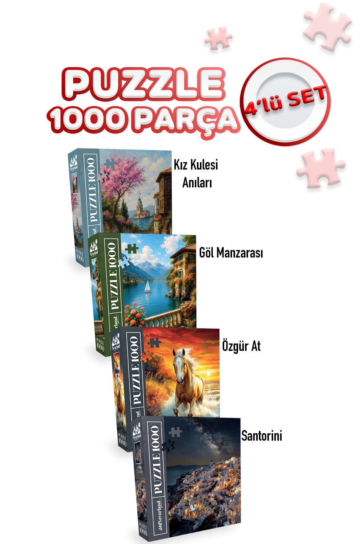4 ADET 1000 PARÇA PUZZLE -KIZ KULESİ ANILARI VE GÖL MANZARASI VE ÖZGÜR AT VE SANTORİNİ