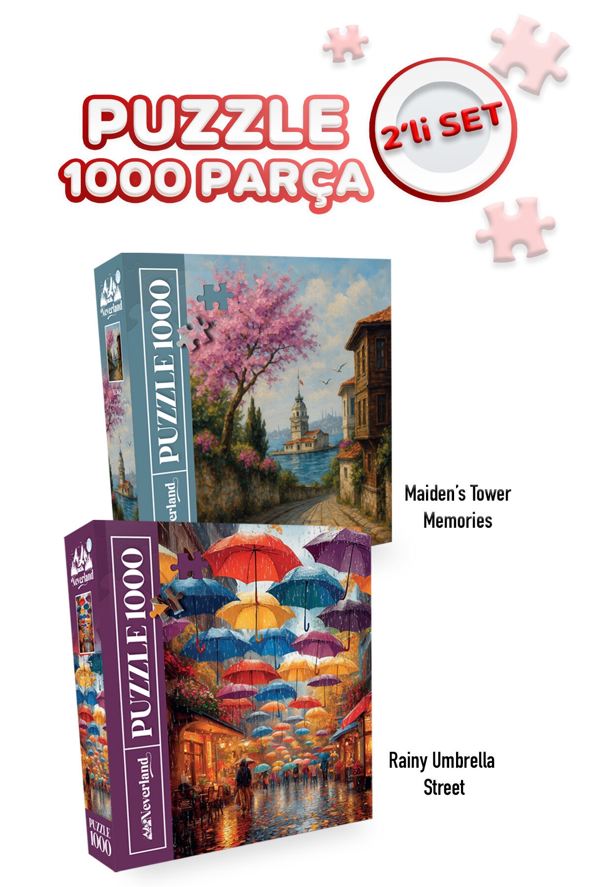 2 ADET 1000 PARÇA PUZZLE -KIZ KULESİ ANILARI VE YAĞMURLU ŞEMSİYELİ SOKAK
