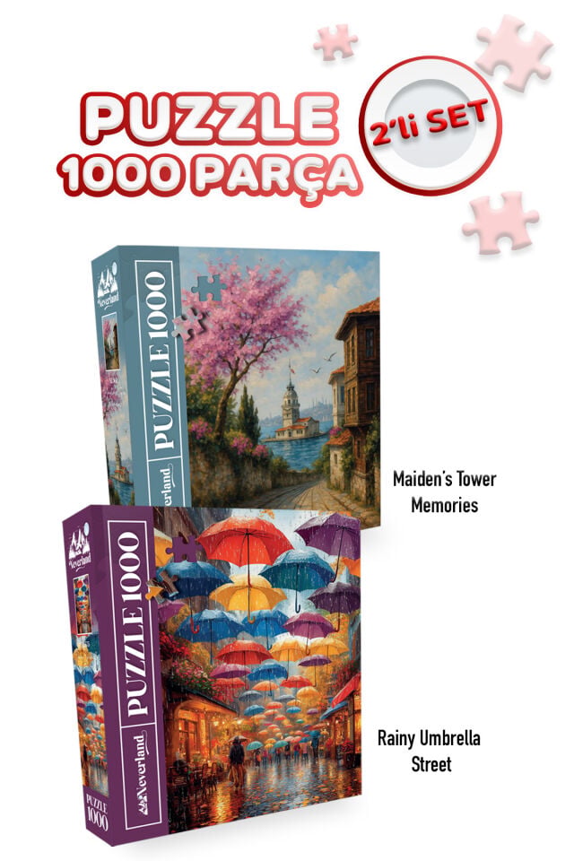 2 ADET 1000 PARÇA PUZZLE -KIZ KULESİ ANILARI VE YAĞMURLU ŞEMSİYELİ SOKAK