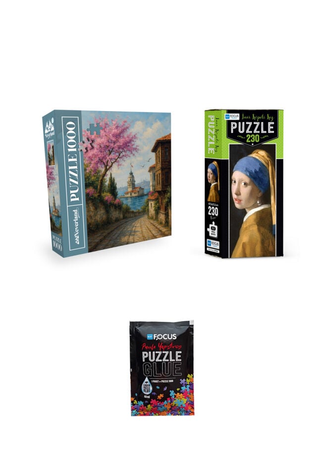 1000 PARÇA PUZZLE KIZ KULESİ ANILARI VE 230 PARÇA İNCİ KÜPELİ KIZ VE PUZZLE YAPIŞTIRICISI