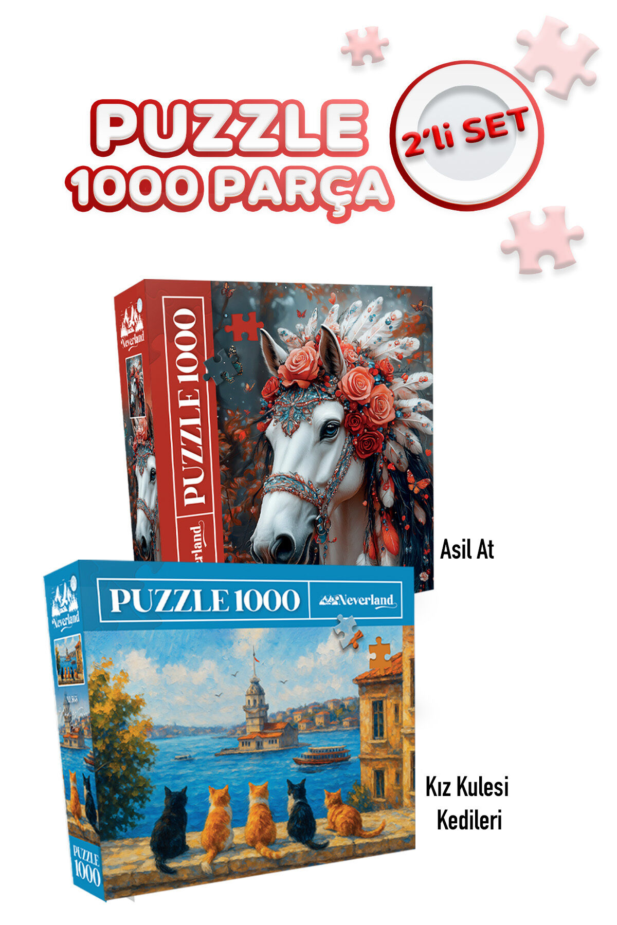 2 ADET 1000 PARÇA PUZZLE - KIZ KULESİ KEDİLERİ VE ASİL AT