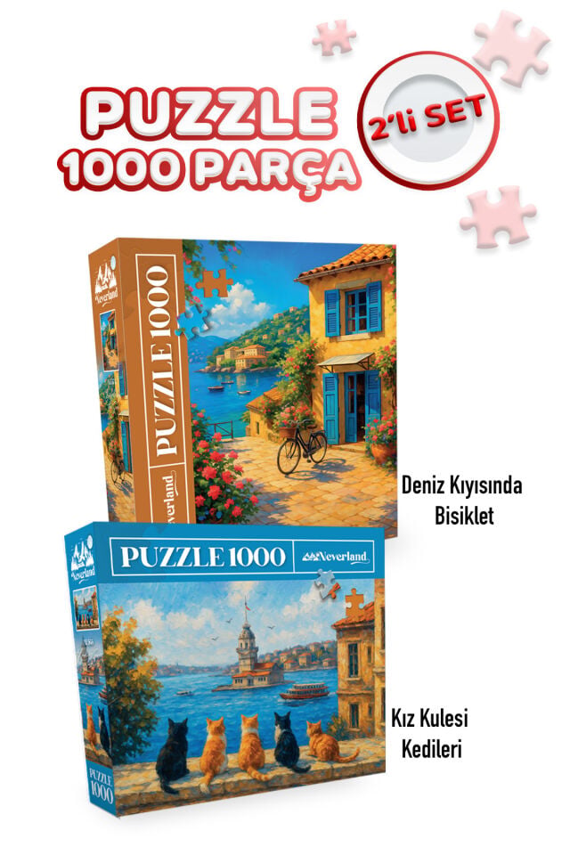 2 ADET 1000 PARÇA PUZZLE - KIZ KULESİ KEDİLERİ VE DENİZ KIYISINDA BİSİKLET